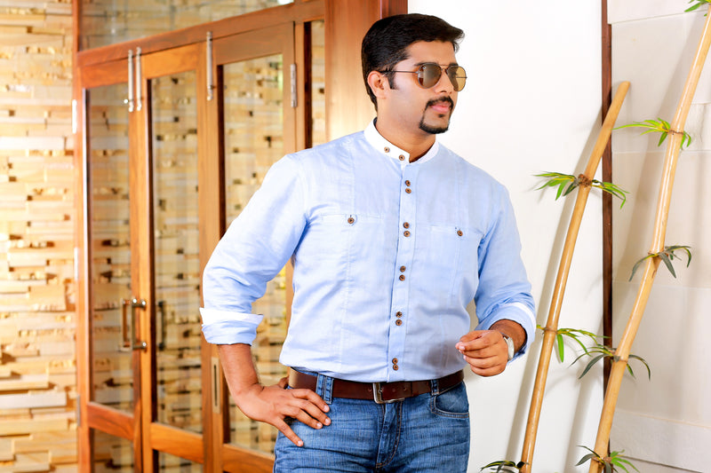 Maya Blue Linen Shirt with white contrast Detailing on Neck & Sleeve (Only Shirt)