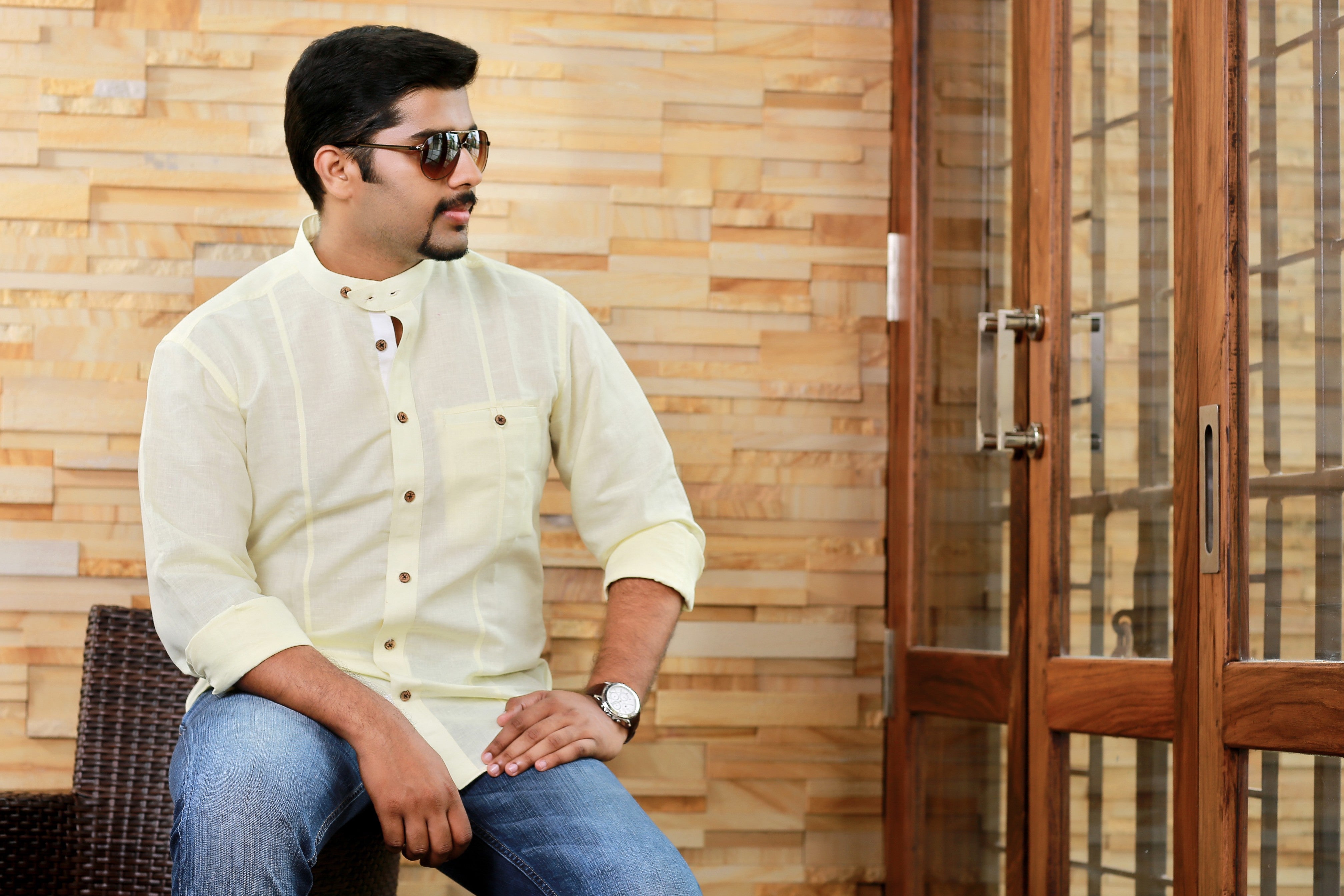 Flax Yellow Linen Shirt with white contrast Detailing on Placket (Only Shirt)