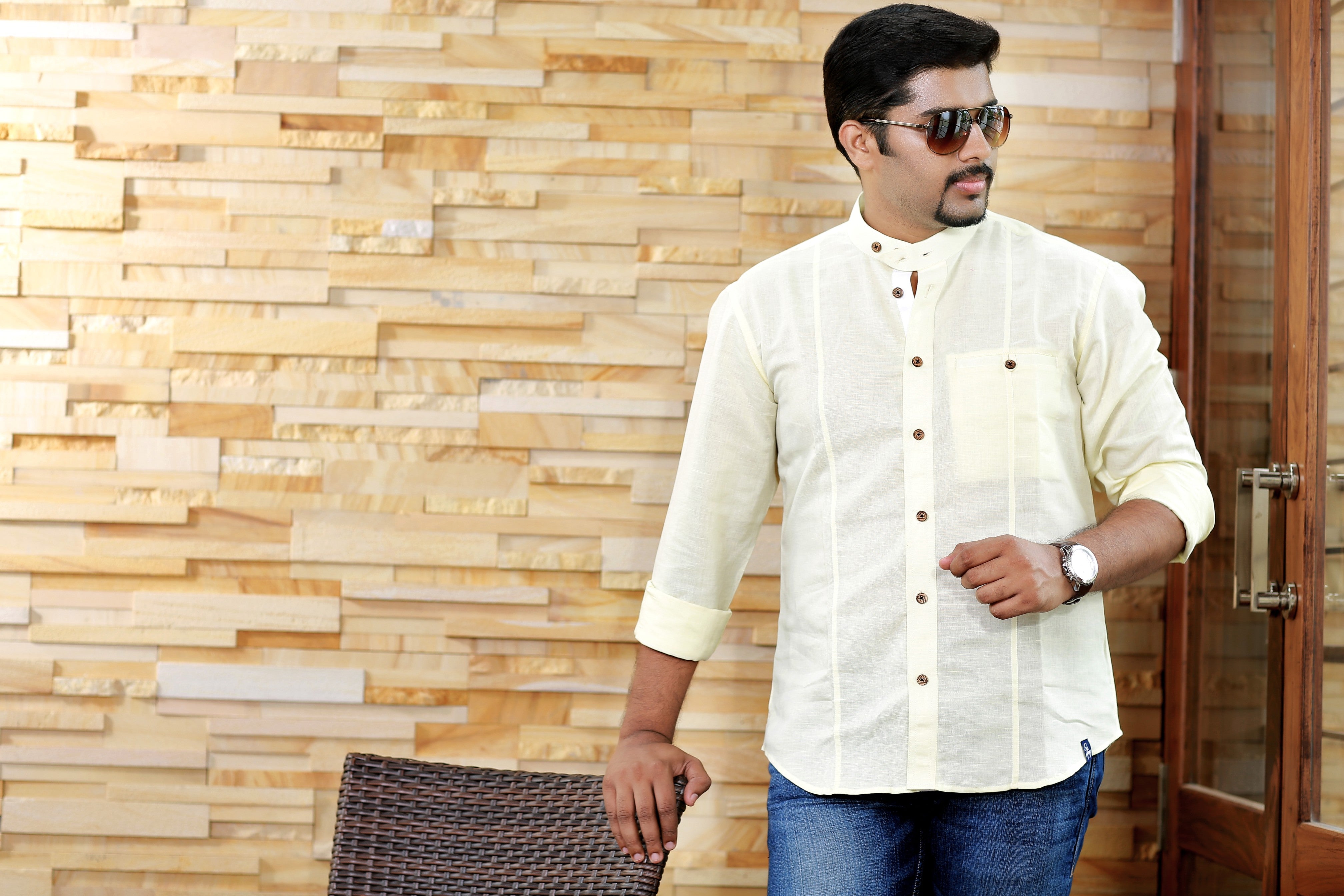 Flax Yellow Linen Shirt with white contrast Detailing on Placket (Only Shirt)