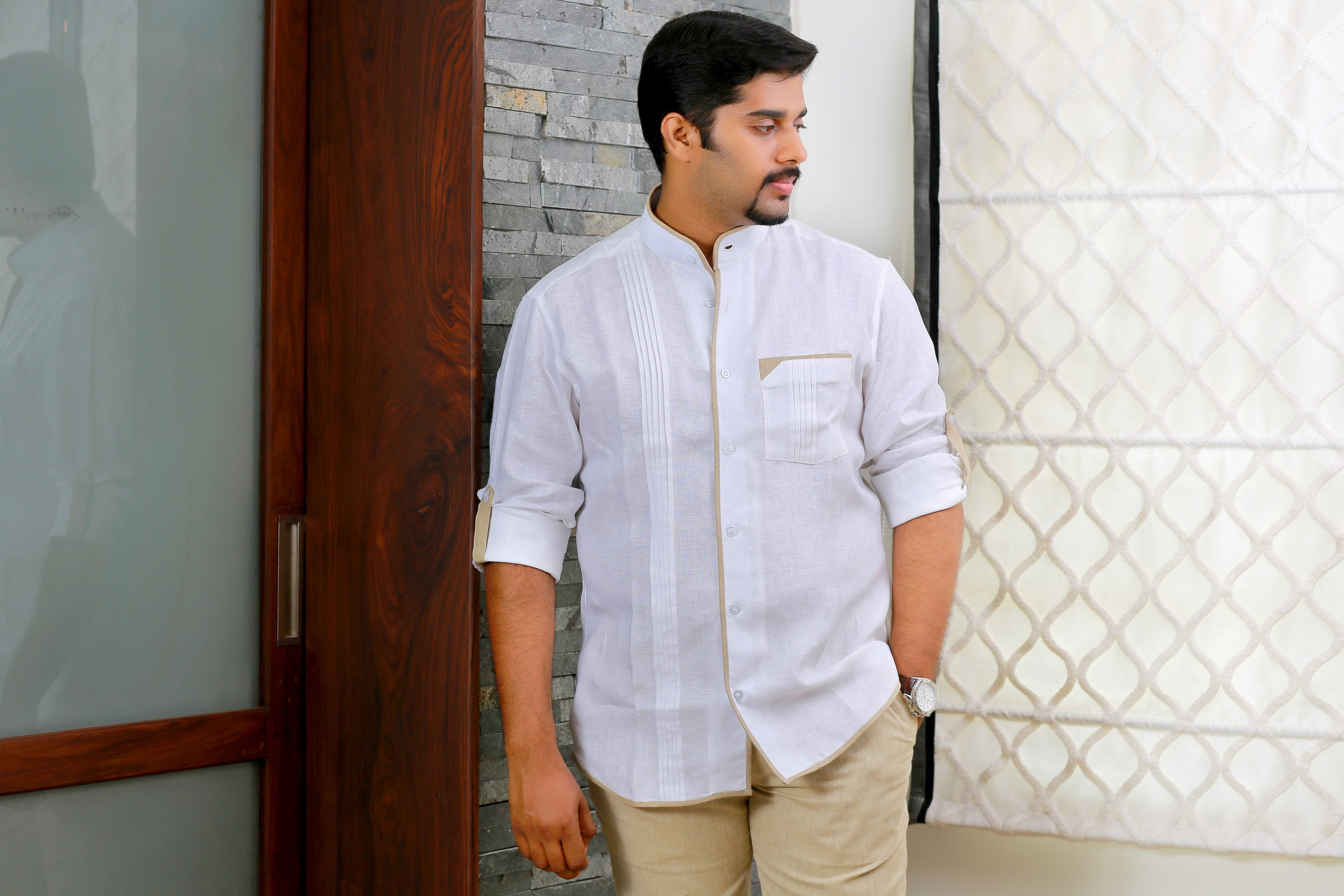 Pearl White Chinese Collar Shirt with Beige Contrast Detailing on Placket, Sleeves & Pocket with Pleat Detailing (Only Shirt)