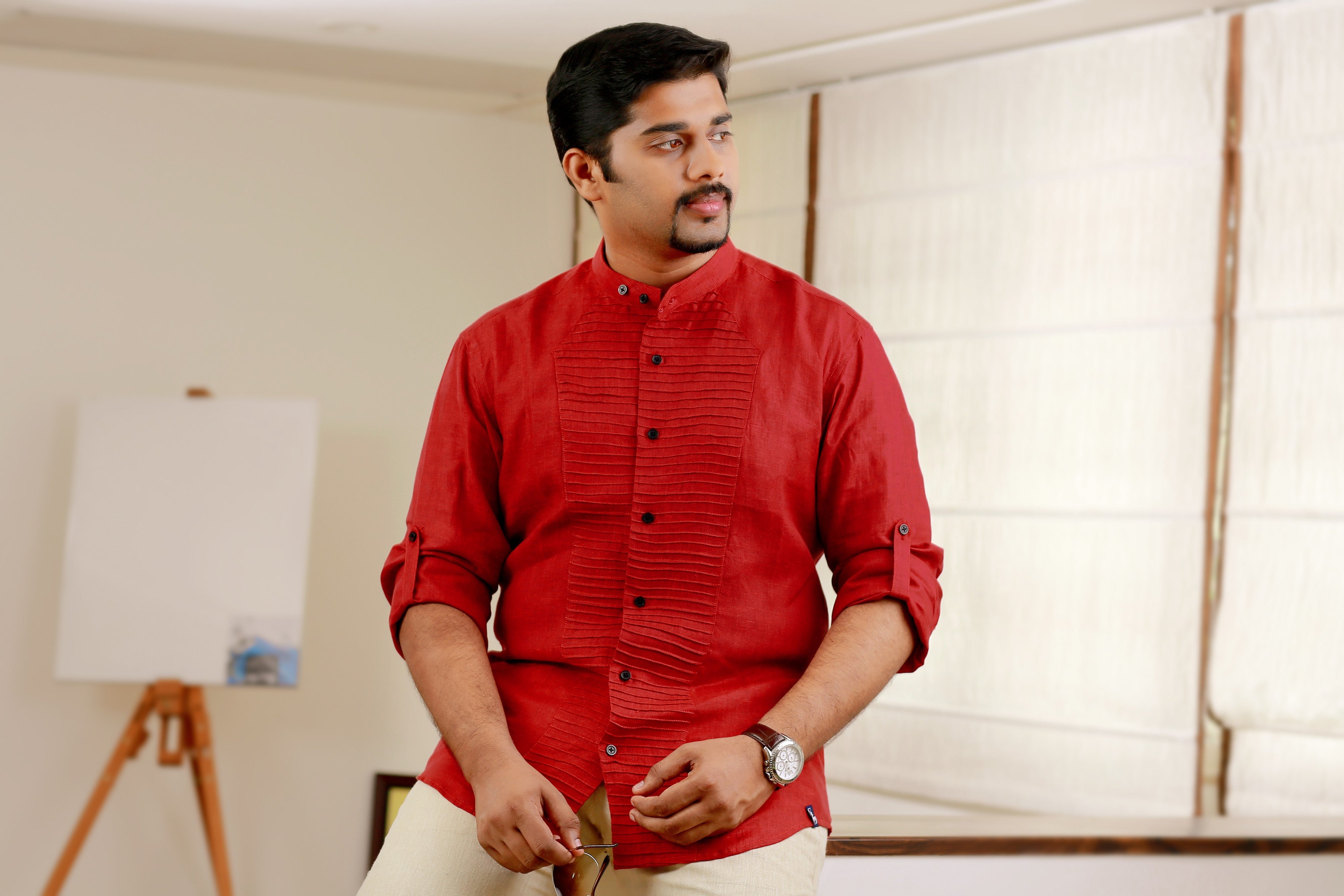Scarlet Red Horizontal Tuck Designer Linen Shirt with Black Contrast Button Closure  (Only Shirt)