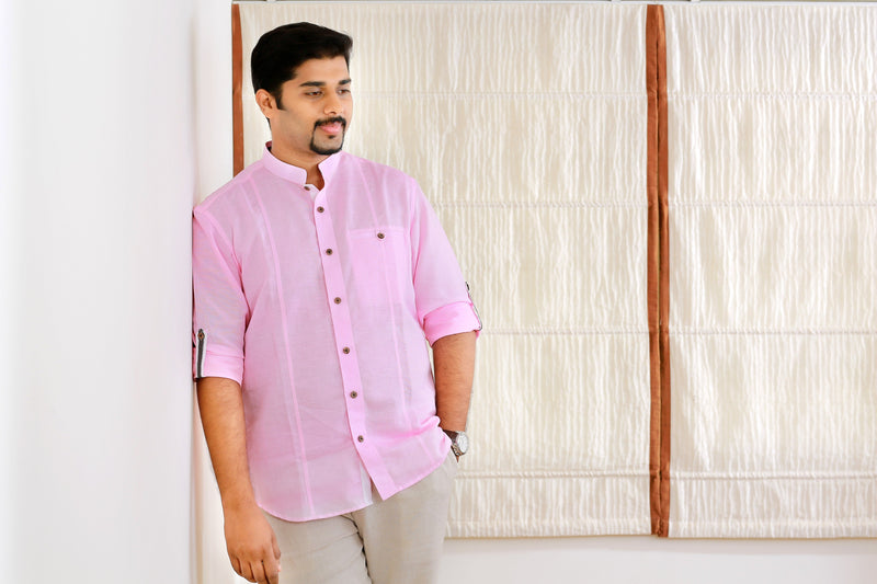 Powder Pink Linen Shirt with White Contrast Detailing on Neck & Sleeves (Shirt + Beige Pants)