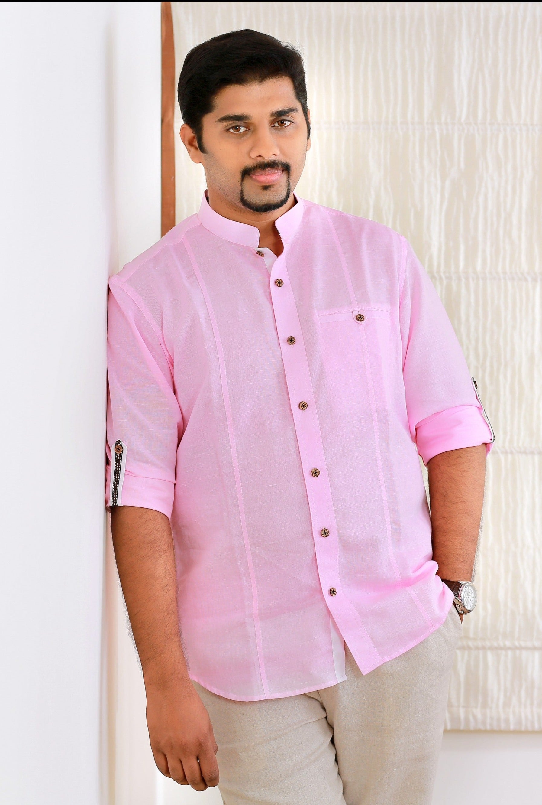 Powder Pink Linen Shirt with White Contrast Detailing on Neck & Sleeves (Only Shirt)