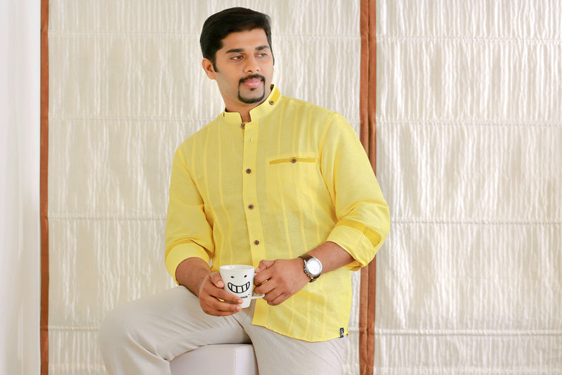 Pastel Yellow Linen Chinese Collar Shirt with Contrast Mustard Yellow Detailing (Shirt + Beige Pants)