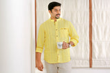 Pastel Yellow Linen Chinese Collar Shirt with Contrast Mustard Yellow Detailing (Only Shirt)