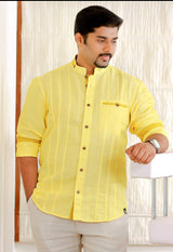 Pastel Yellow Linen Chinese Collar Shirt with Contrast Mustard Yellow Detailing (Only Shirt)