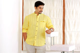 Pastel Yellow Linen Chinese Collar Shirt with Contrast Mustard Yellow Detailing (Shirt + Beige Pants)
