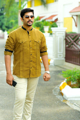 Dijon Khaki Linen Shirt with Black Contrast Detailing on Neck & Sleeves (Only Shirt)