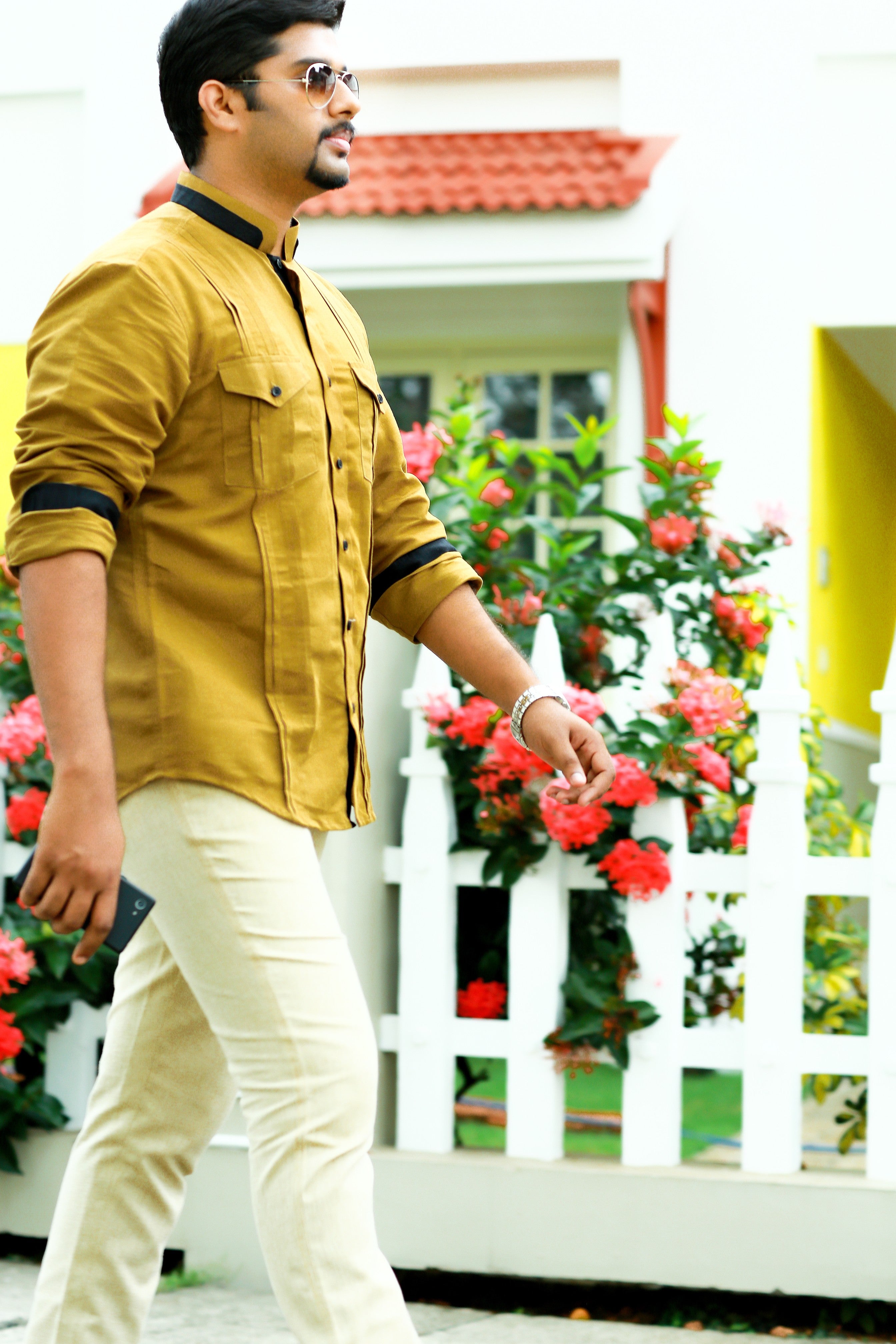 Dijon Linen Shirt with Black Contrast Detailing on Neck & Sleeves (Only Shirt)