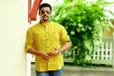 Citrine Yellow Chinese Collar Shirt with Navy Blue Detailing on Neck, Placket & Sleeves (Only Shirt)
