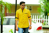 Ripe Yellow Chinese Collar Linen Shirt with Black Contrast Detailing on Neck, Placket, Pocket & Sleeves  (Only Shirt)