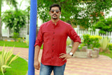 Scarlet Red Horizontal Tuck Designer Linen Shirt with Black Contrast Button Closure  (Only Shirt)