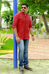 Scarlet Red Horizontal Tuck Designer Linen Shirt with Black Contrast Button Closure  (Only Shirt)