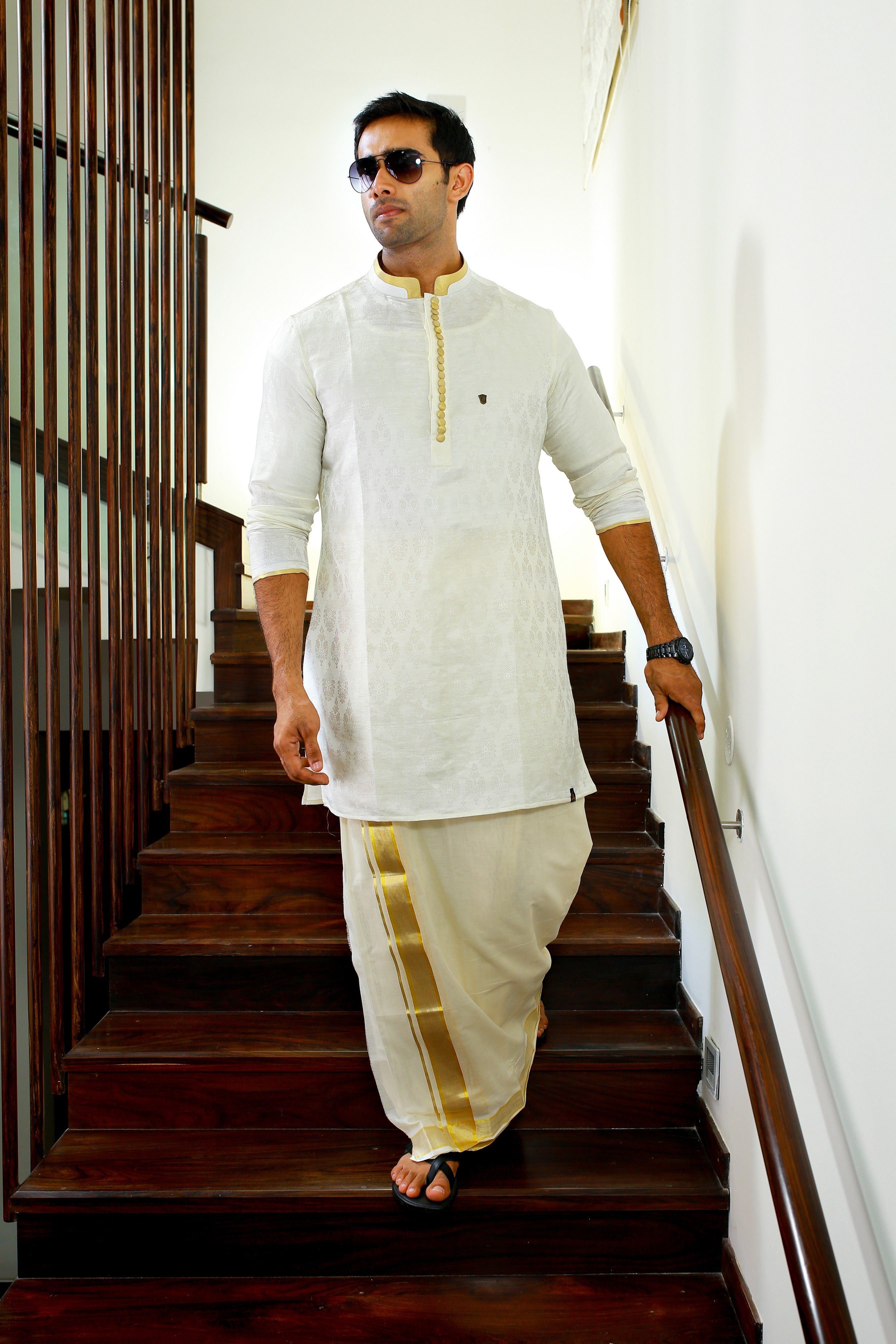 White Brocade Silk Kurta Golden Zari Detailing on Buttons, Neck & Sleeves (Only Kurta)