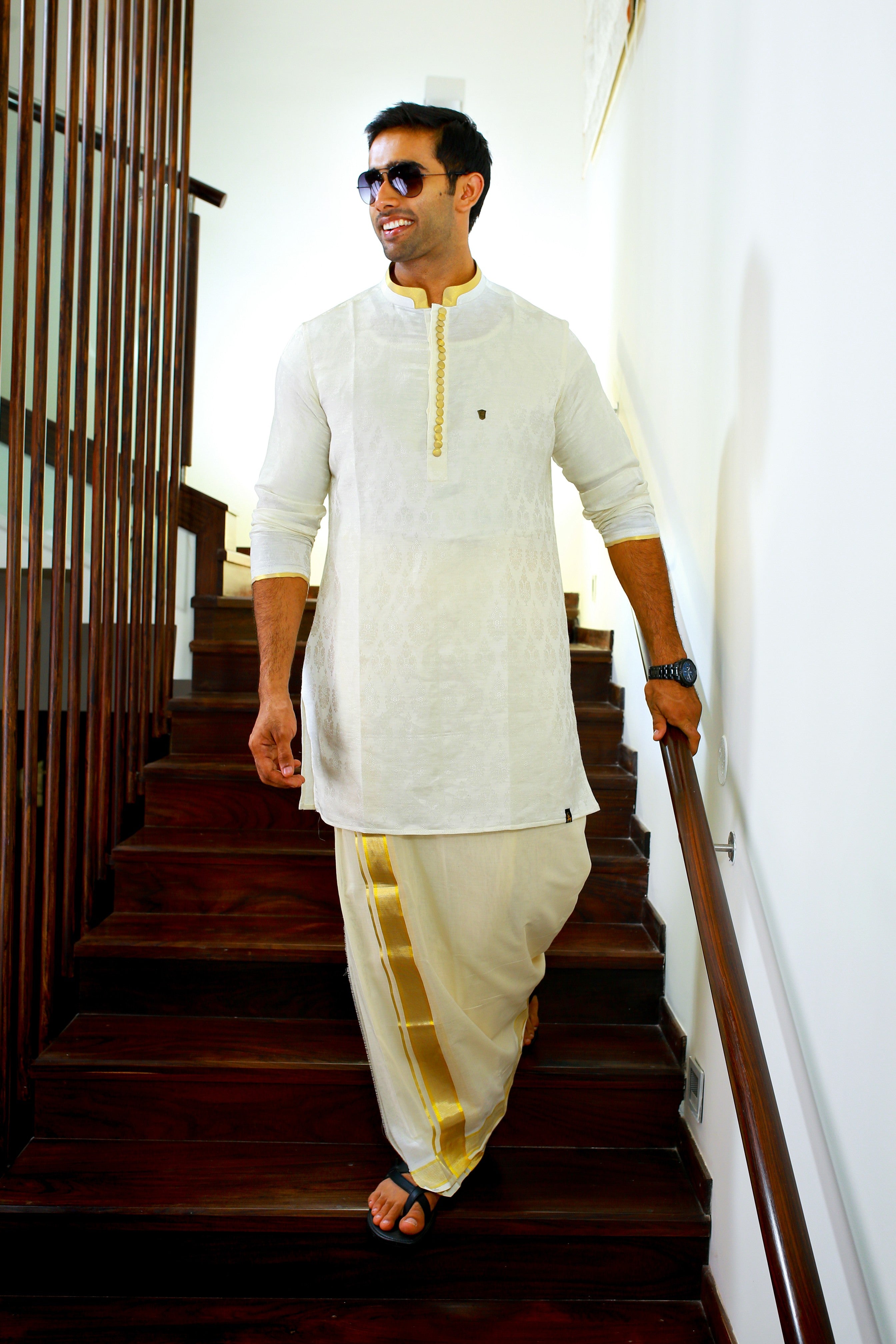 White Brocade Silk Kurta Golden Zari Detailing on Buttons, Neck & Sleeves (Only Kurta)