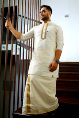 Off White Silk Kurta with Hand Work Detailing on Placket  (Only Kurta)