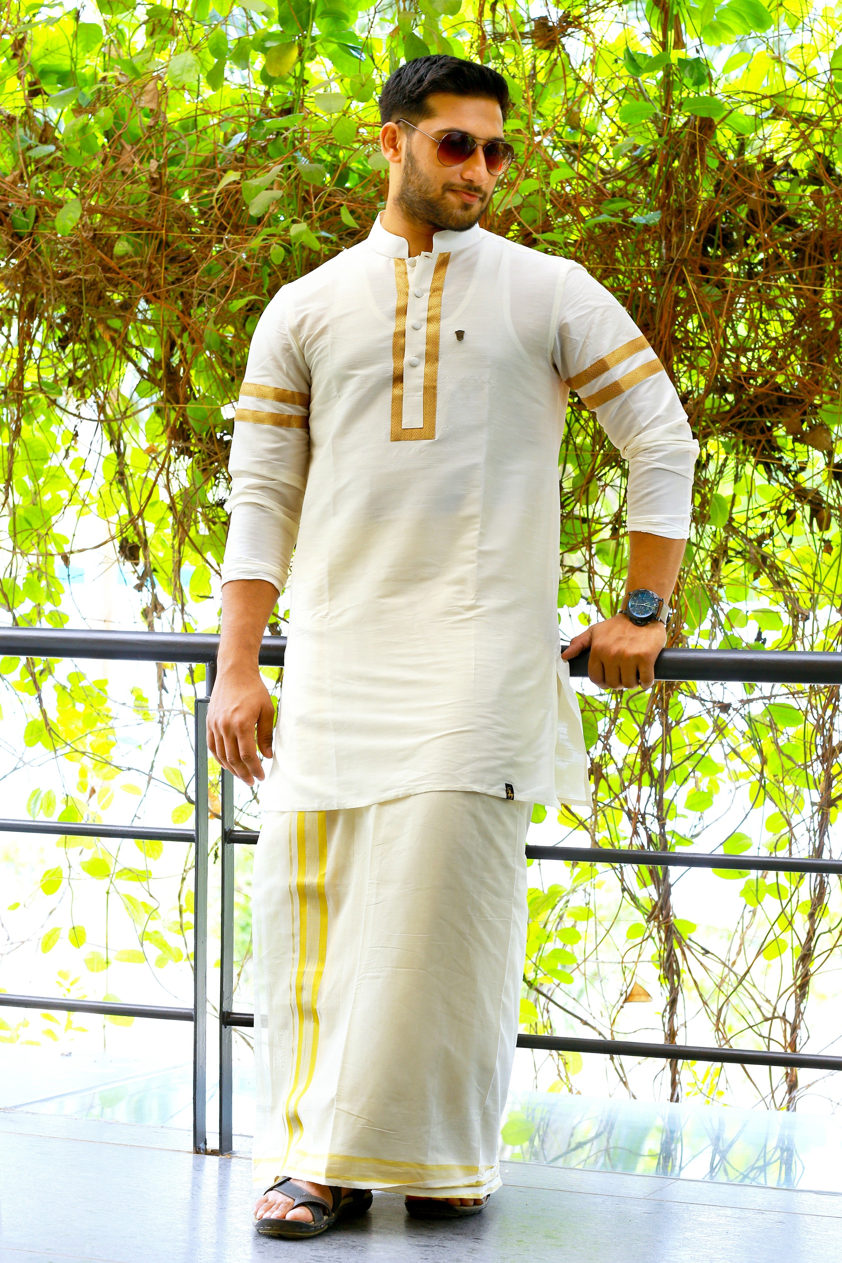 Off White Silk Kurta with Golden Zari Detailing on Placket & Sleeves  (Only Kurta)