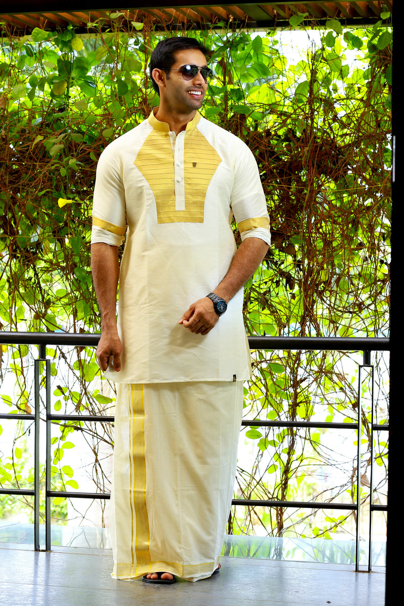 Off White Silk Kurta Set with Heavy Golden Zari Detailing on Chest & Sleeves  (Kurta + Kasavu Munde)