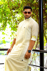 Off White Vertical Pleat Silk Kurta with Golden Zari Detailing on Neck & Sleeves  (Only Kurta)