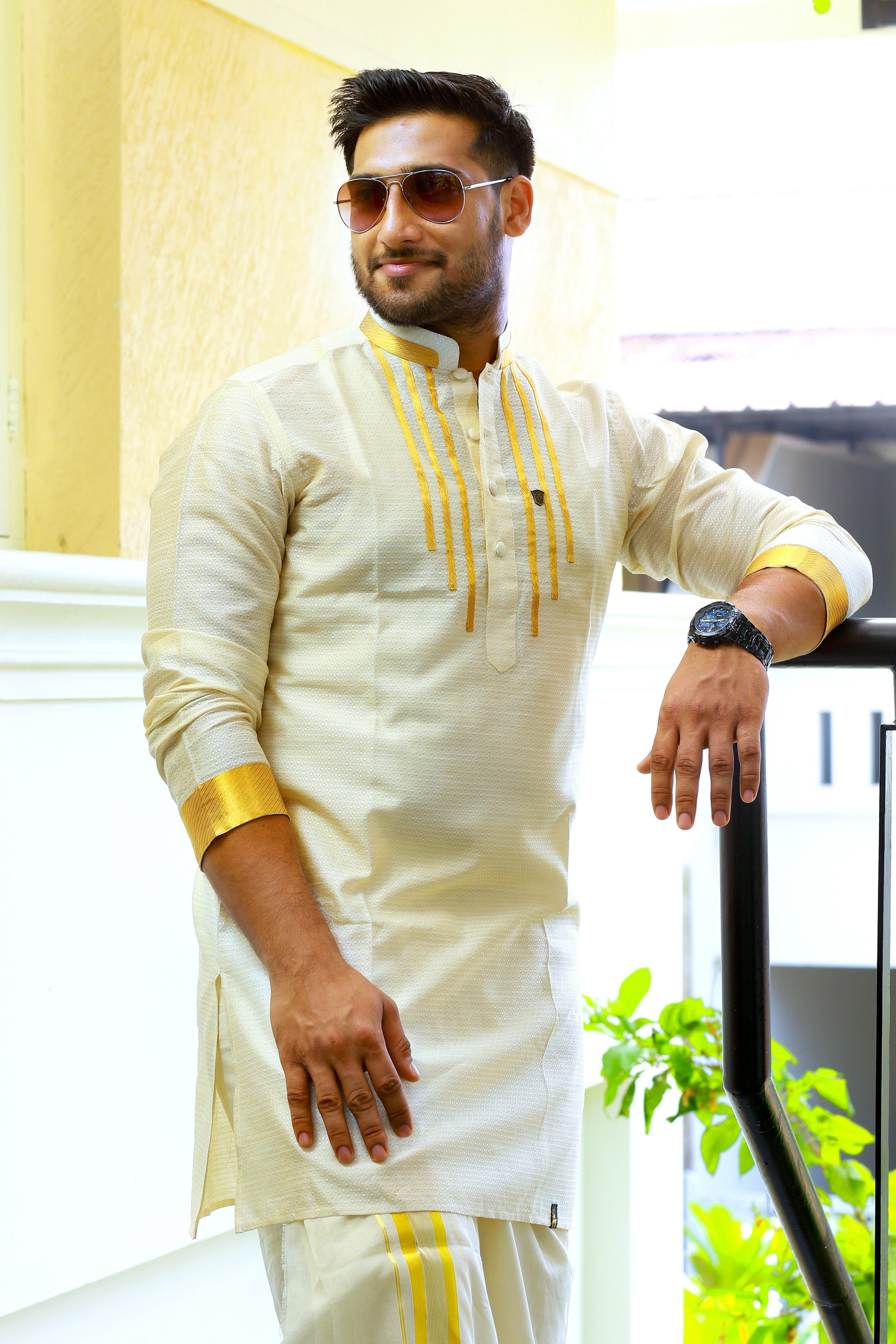 Off White Silk Kurta with Vertical Golden Zari Line Detailing on Chest & Sleeves  (Only Kurta)