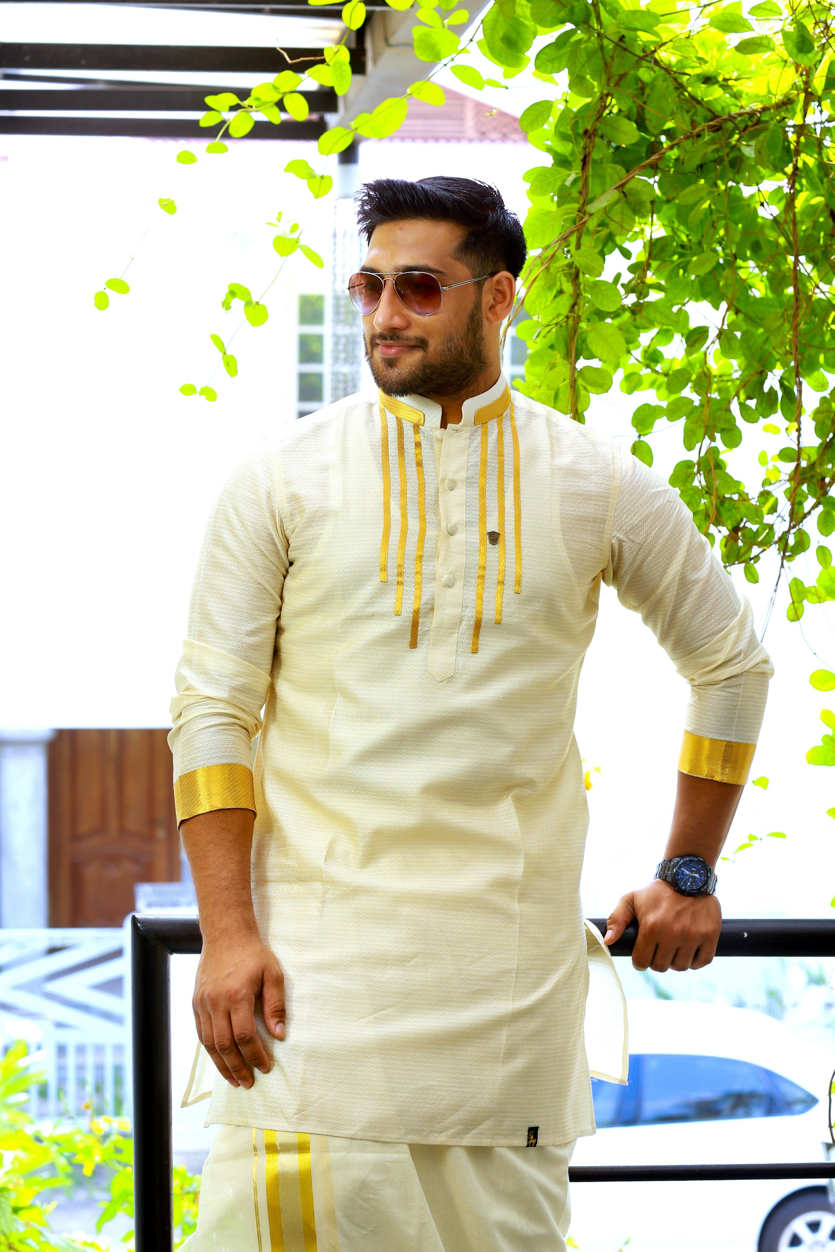 Off White Silk Kurta with Vertical Golden Zari Line Detailing on Chest & Sleeves  (Only Kurta)