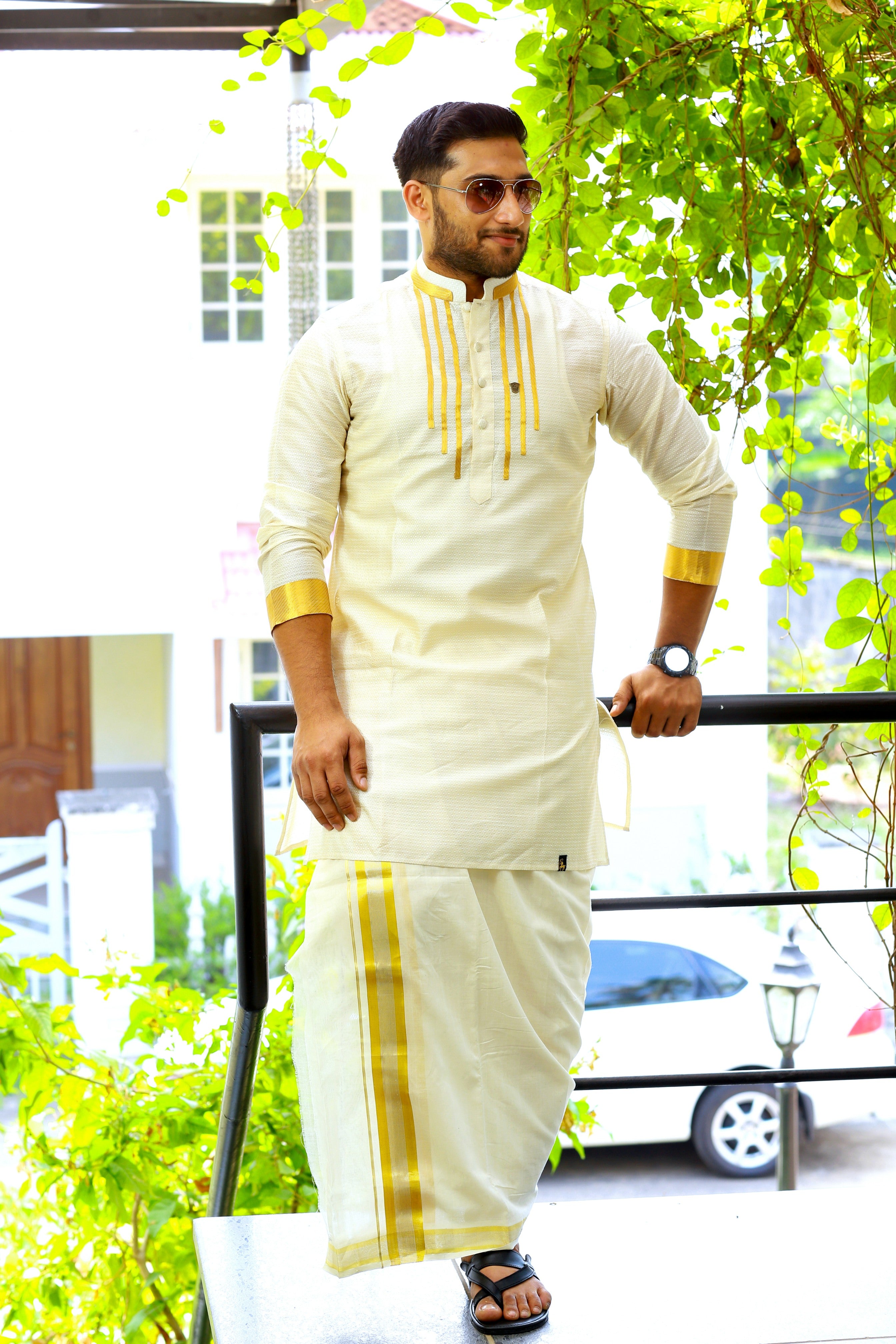 Off White Silk Kurta with Vertical Golden Zari Line Detailing on Chest & Sleeves  (Only Kurta)
