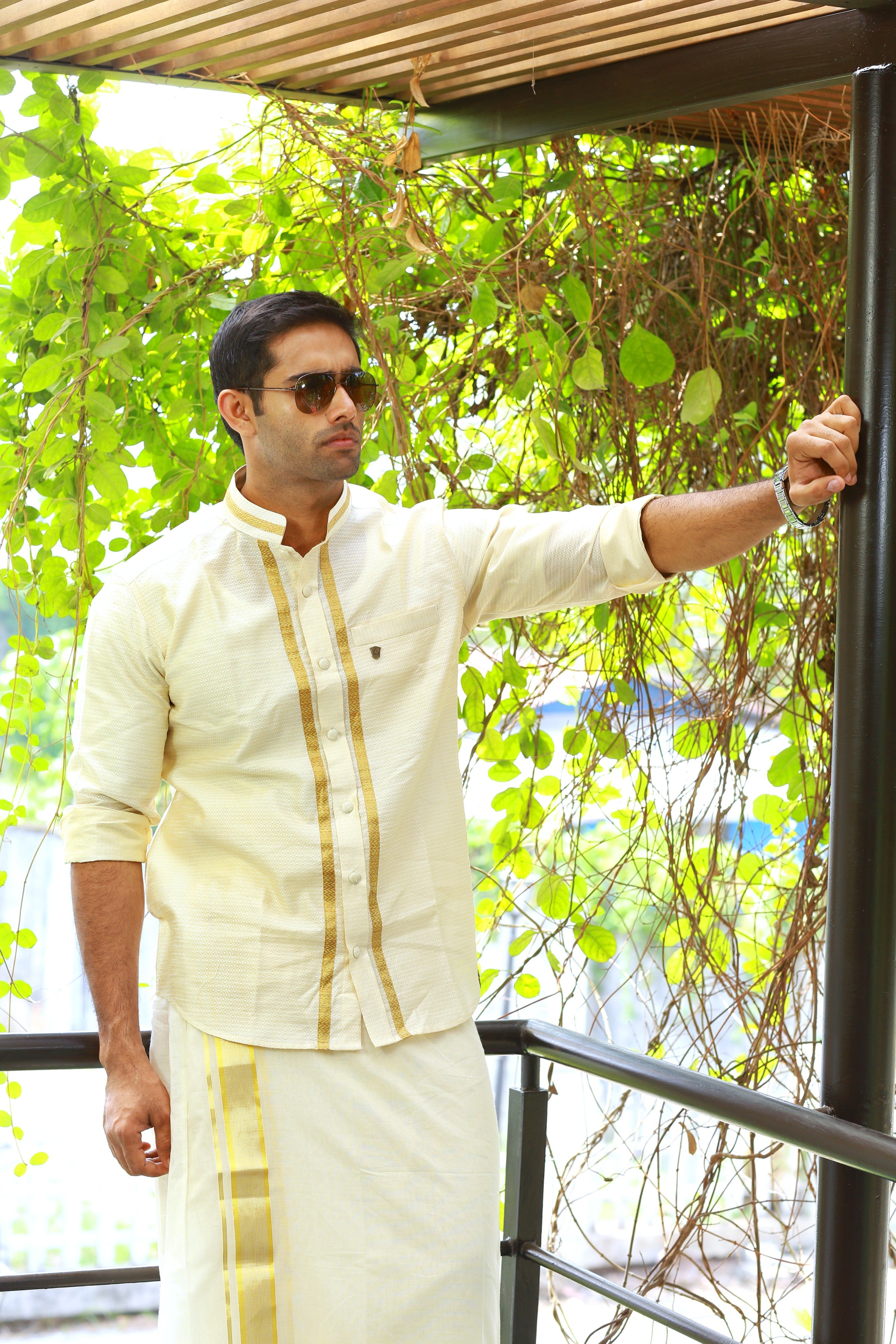 Off White Dotted Silk Chinese Collar Shirt with Gold Zari Detailing (Shirt Only)