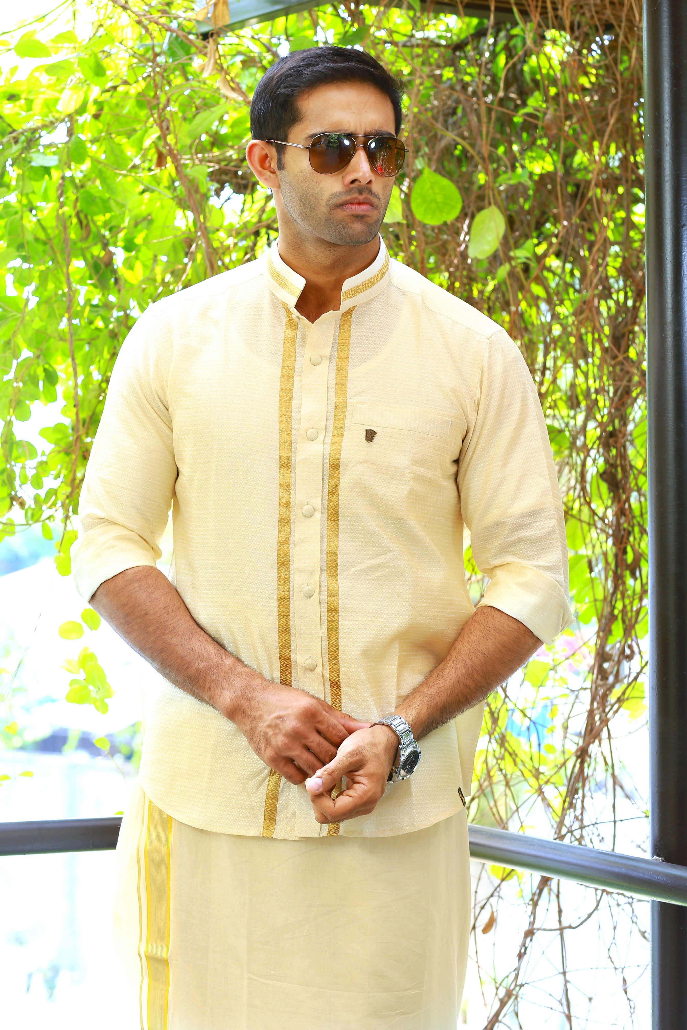 Off White Dotted Silk Chinese Collar Shirt with Gold Zari Detailing (Shirt Only)