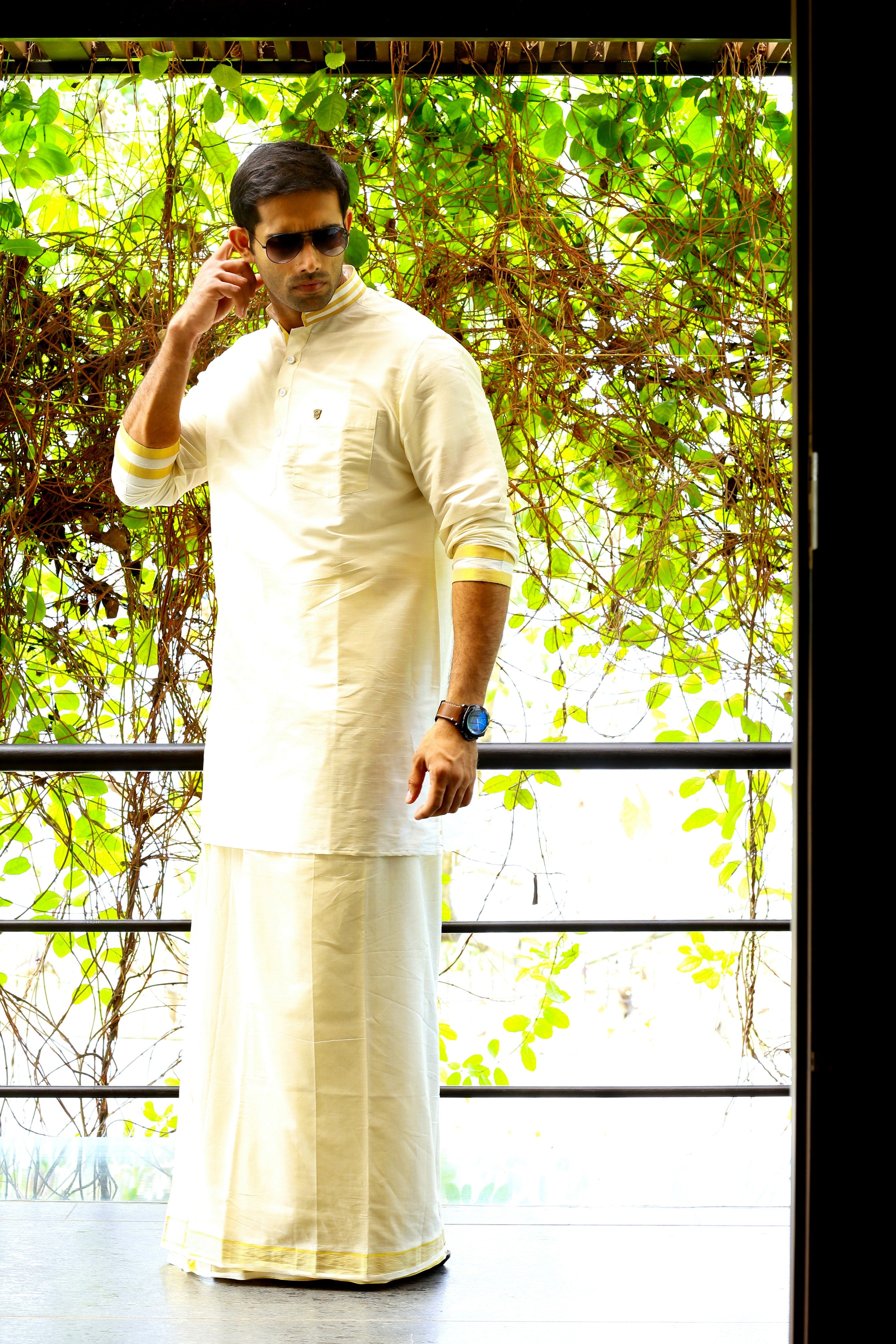 Off White Silk Kurta with Golden Zari Detailing on Neck & Sleeves  (Only Kurta)