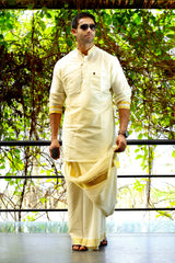 Off White Silk Kurta Set with Golden Zari Detailing on Neck & Sleeves  (Kurta + Kasavu Munde)