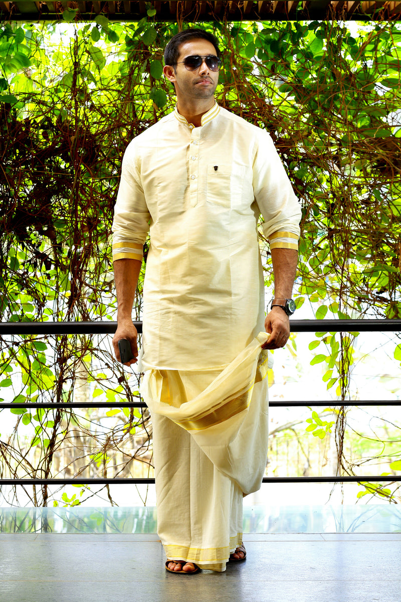 Off White Silk Kurta Set with Golden Zari Detailing on Neck & Sleeves  (Kurta + Kasavu Munde)