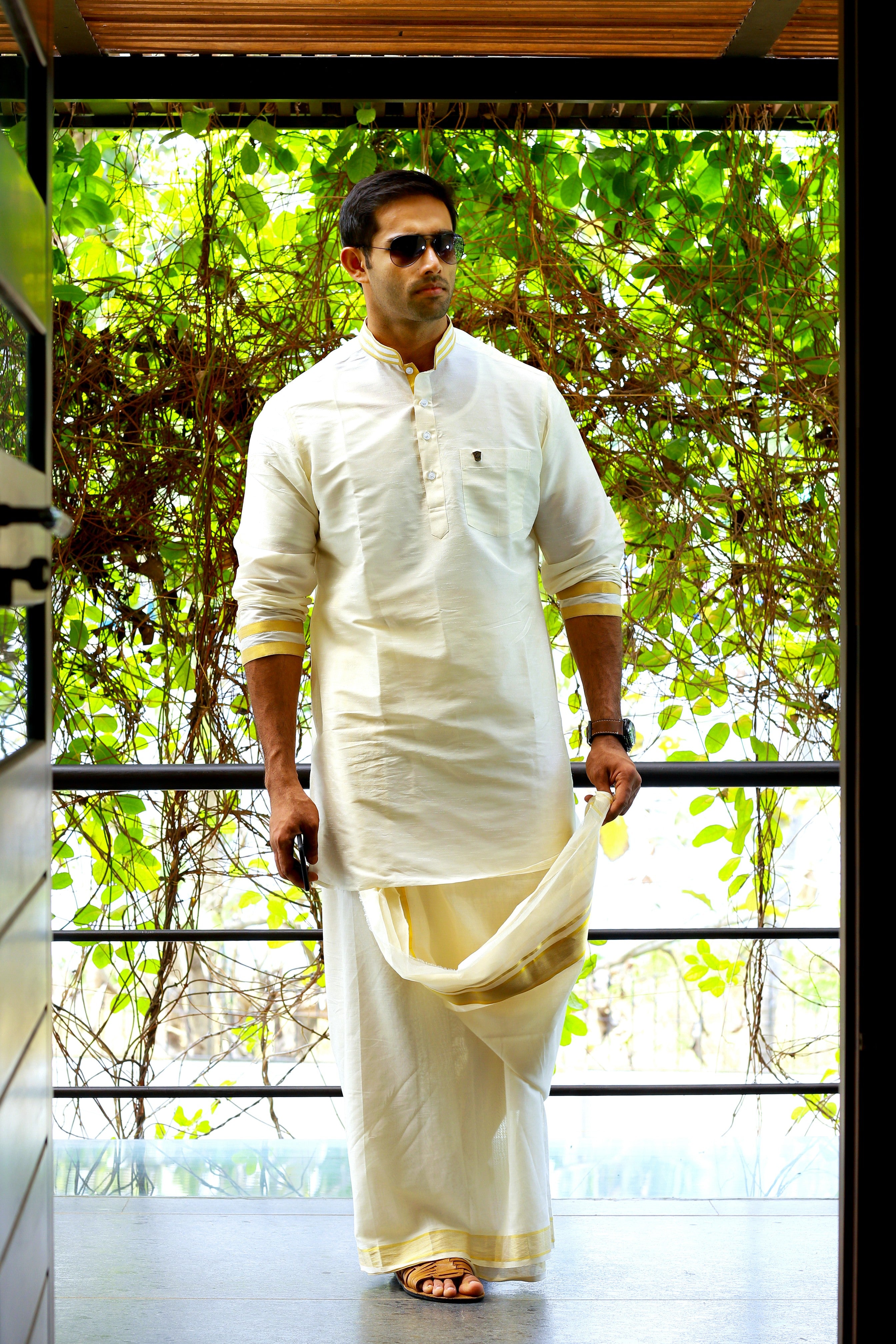 Off White Silk Kurta with Golden Zari Detailing on Neck & Sleeves  (Only Kurta)