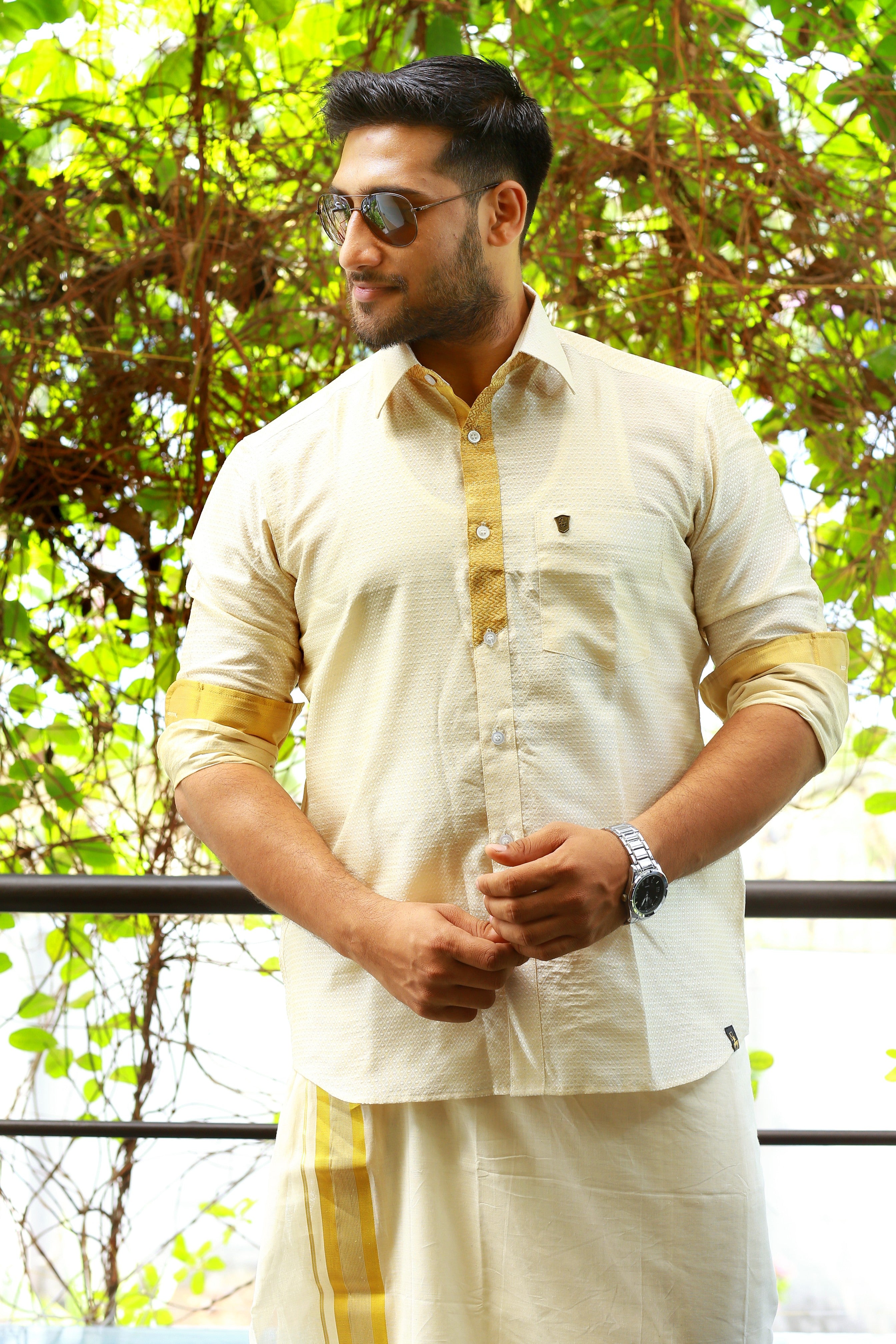 Off White Dotted Silk Cutaway Collar Shirt with Gold Zari Detailing (Shirt Only)