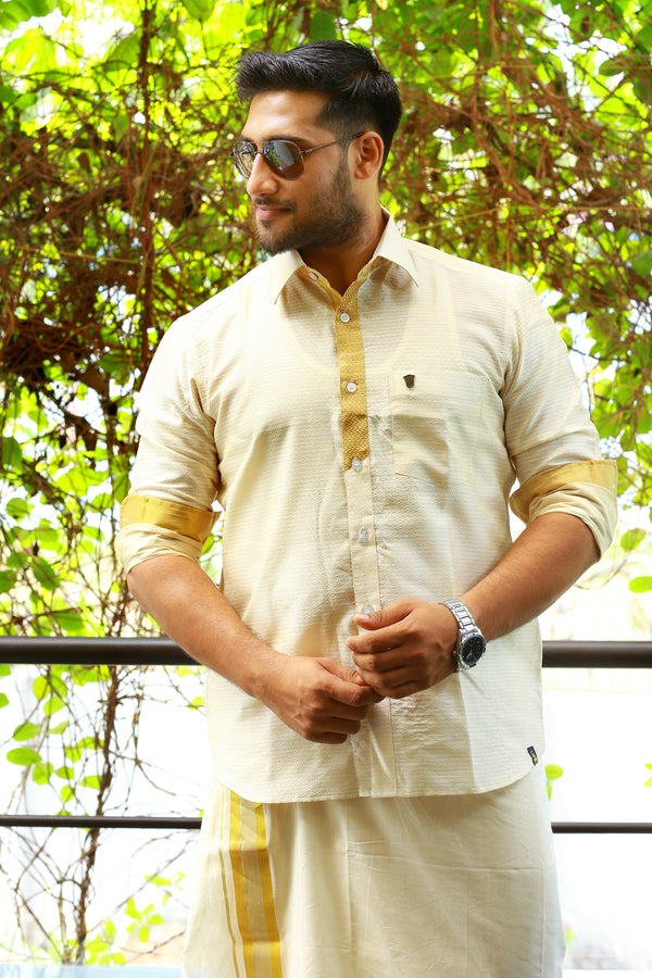 Off White Dotted Silk Cutaway Collar Shirt with Gold Zari Detailing (Shirt + Kasavu Munde )