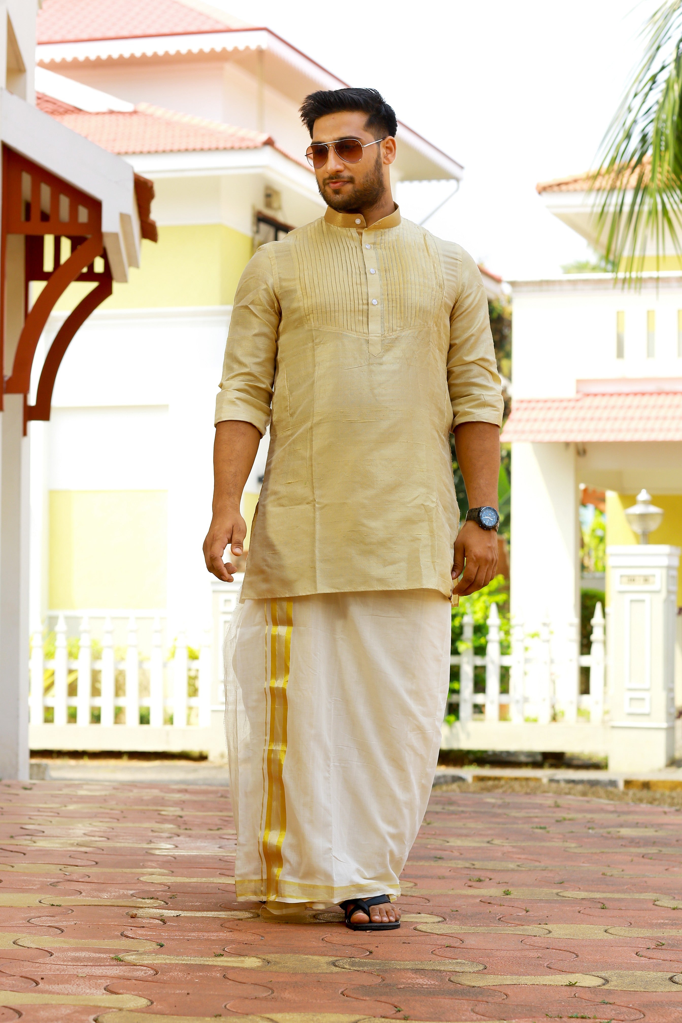 Golden Vertical Pleated Kurta  with Gold Zari Detailing on Neck (Only Kurta)