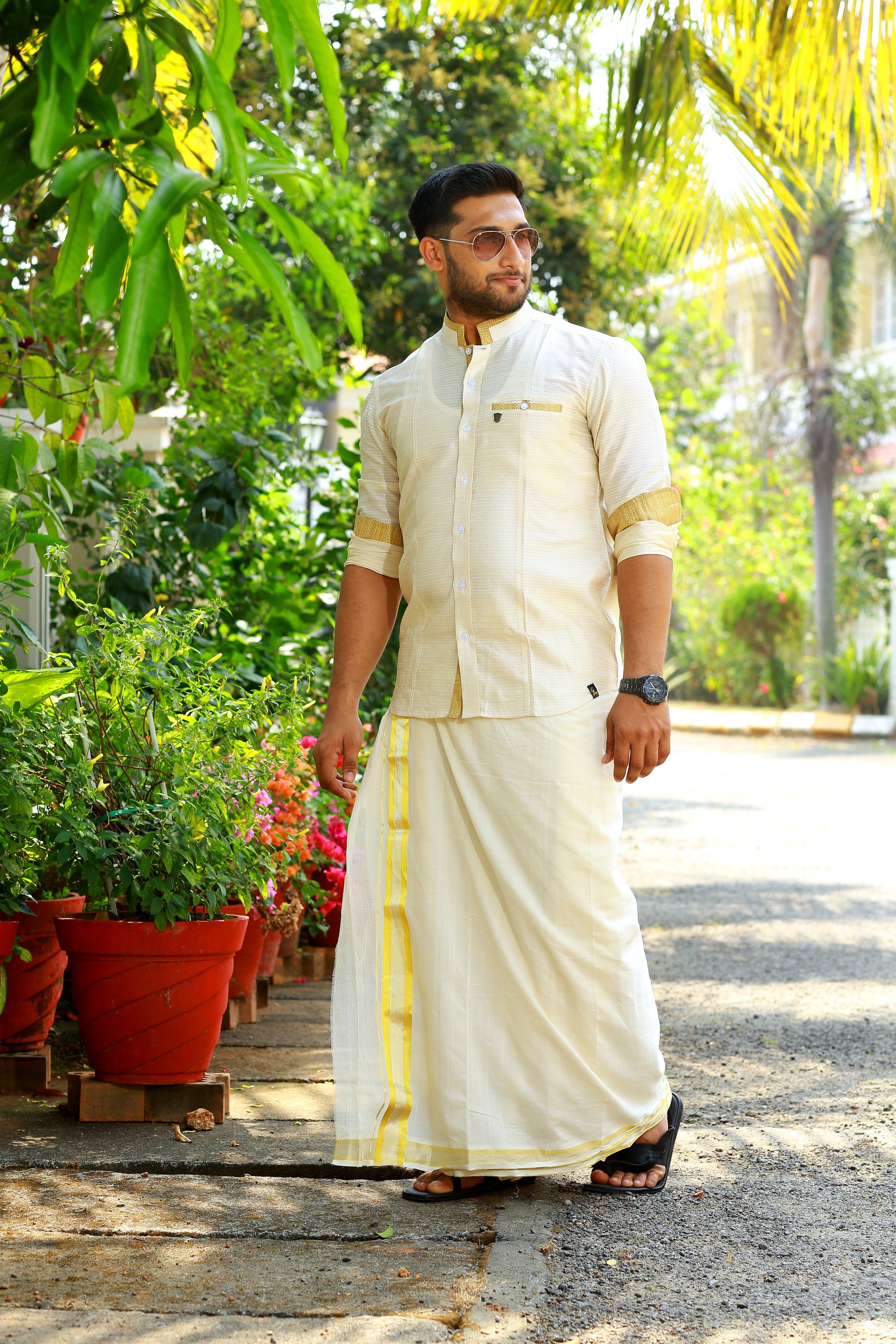 Off White Dotted Silk Chinese Collar Shirt with Gold Zari Detailing (Shirt Only)