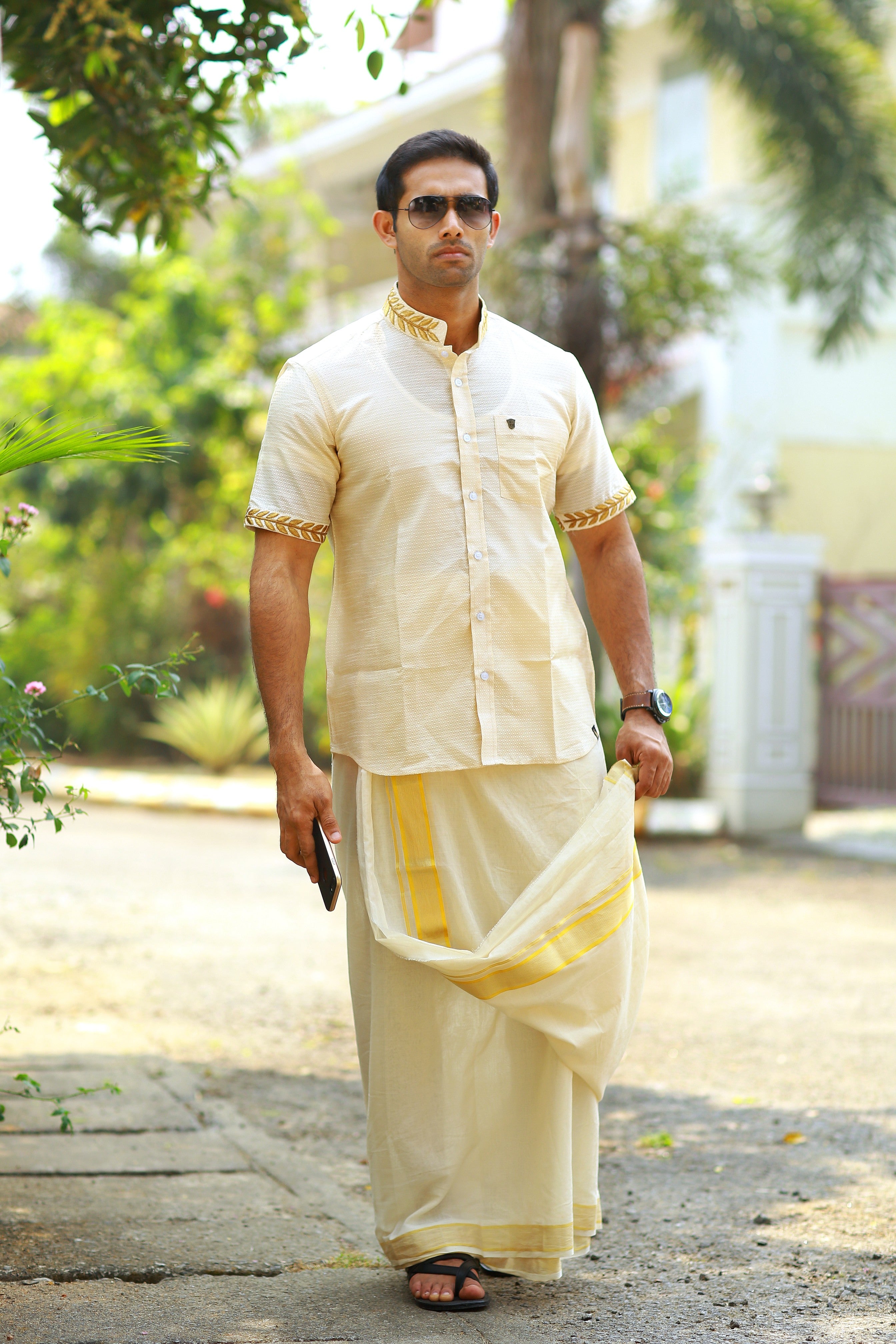 Off White Dotted Silk Chinese Collar Shirt with Gold Zari Detailing & Handwork Embroidery on Neck & Sleeves (Shirt Only)