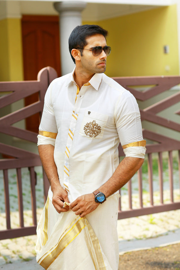 Off White Plain Silk Chinese Collar Shirt with Gold Zari Detailing & Hand Embroidery on Pocket  (Shirt + Kasavu Munde )