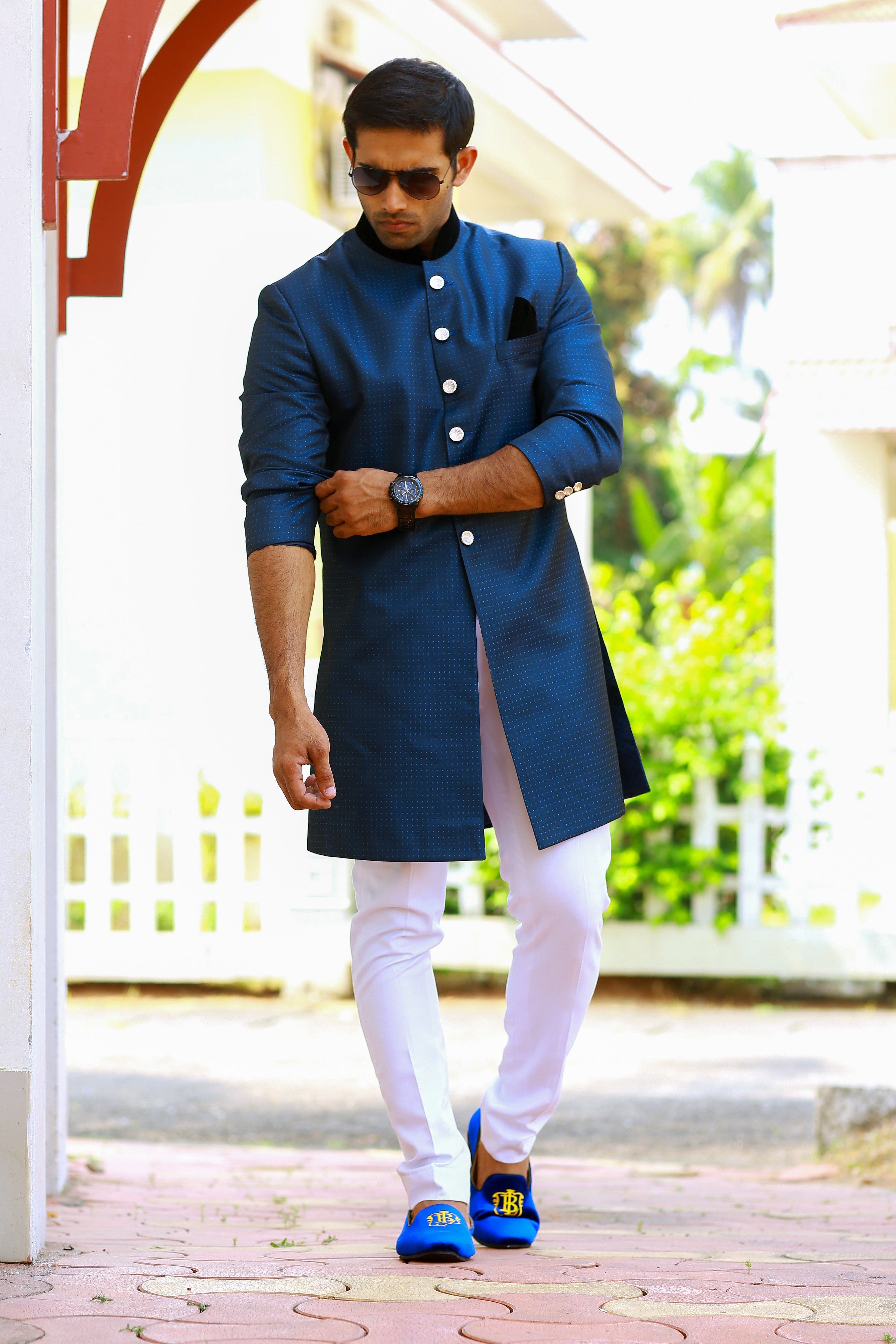 Dotted Oxford Blue Indo Western Slim Achkan Suit  paired with White Narrow Pants