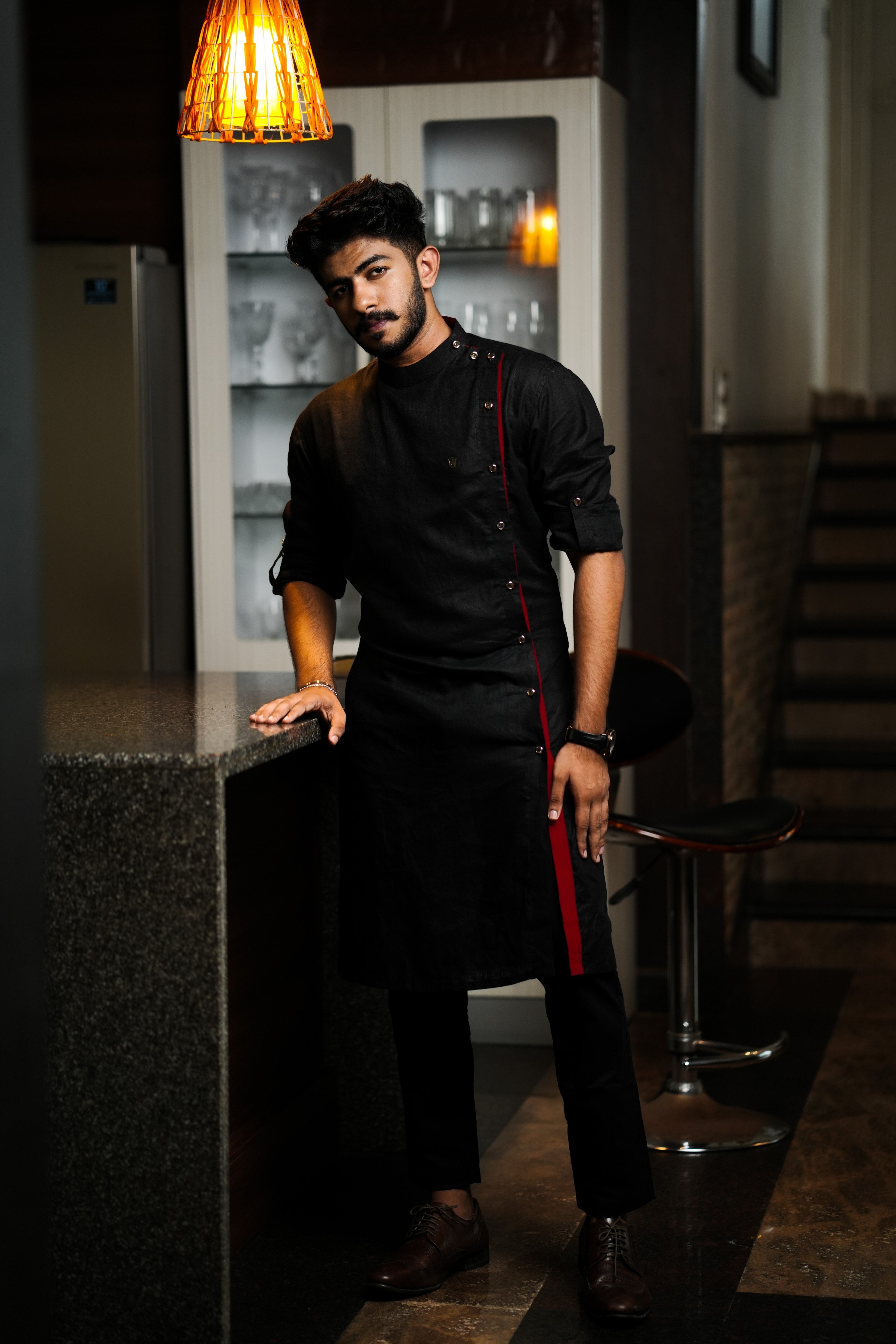 Side Full Open Black Kurta with Red Placket Detailing (Only Kurta)