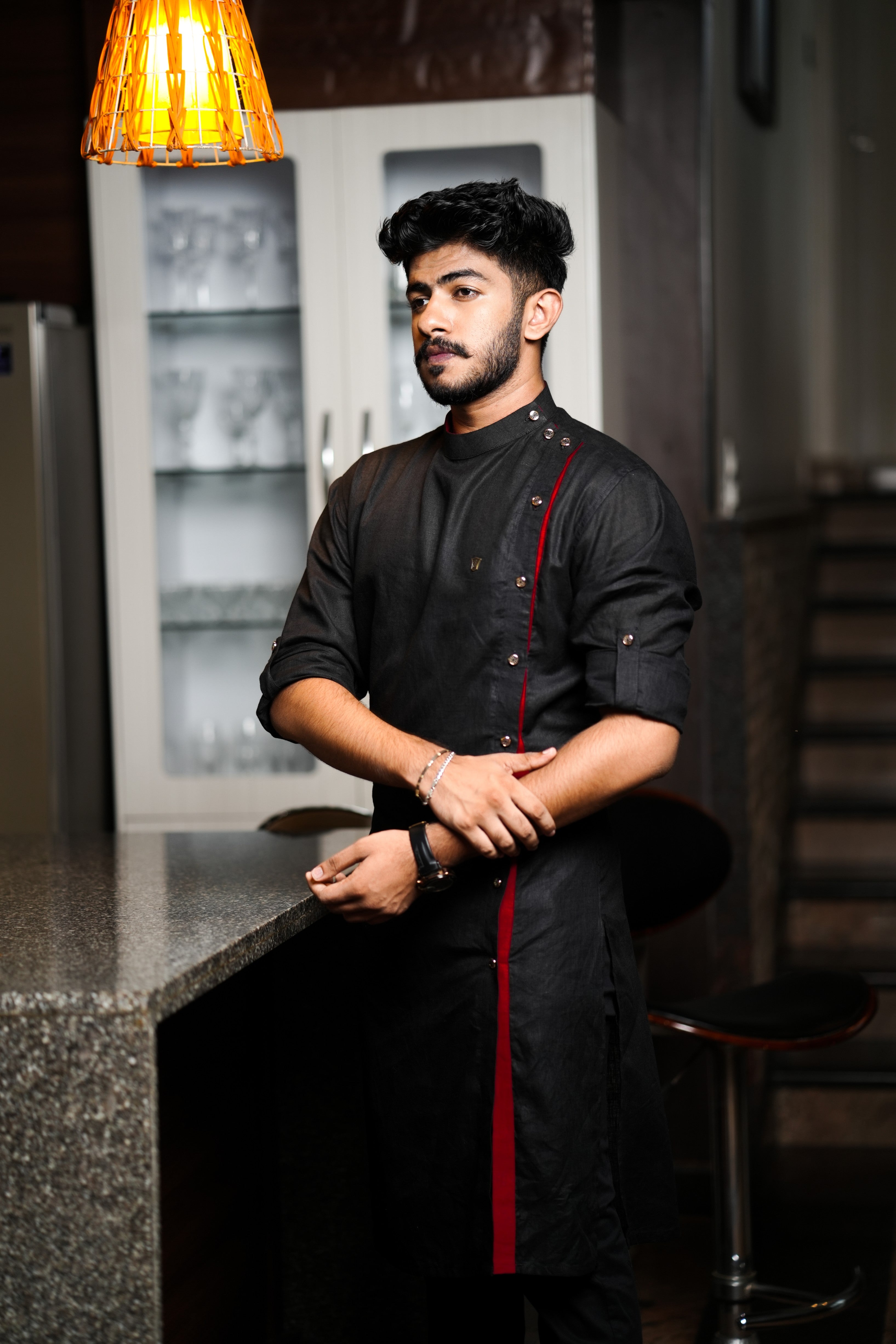 Side Full Open Black Kurta with Red Placket Detailing (Only Kurta)