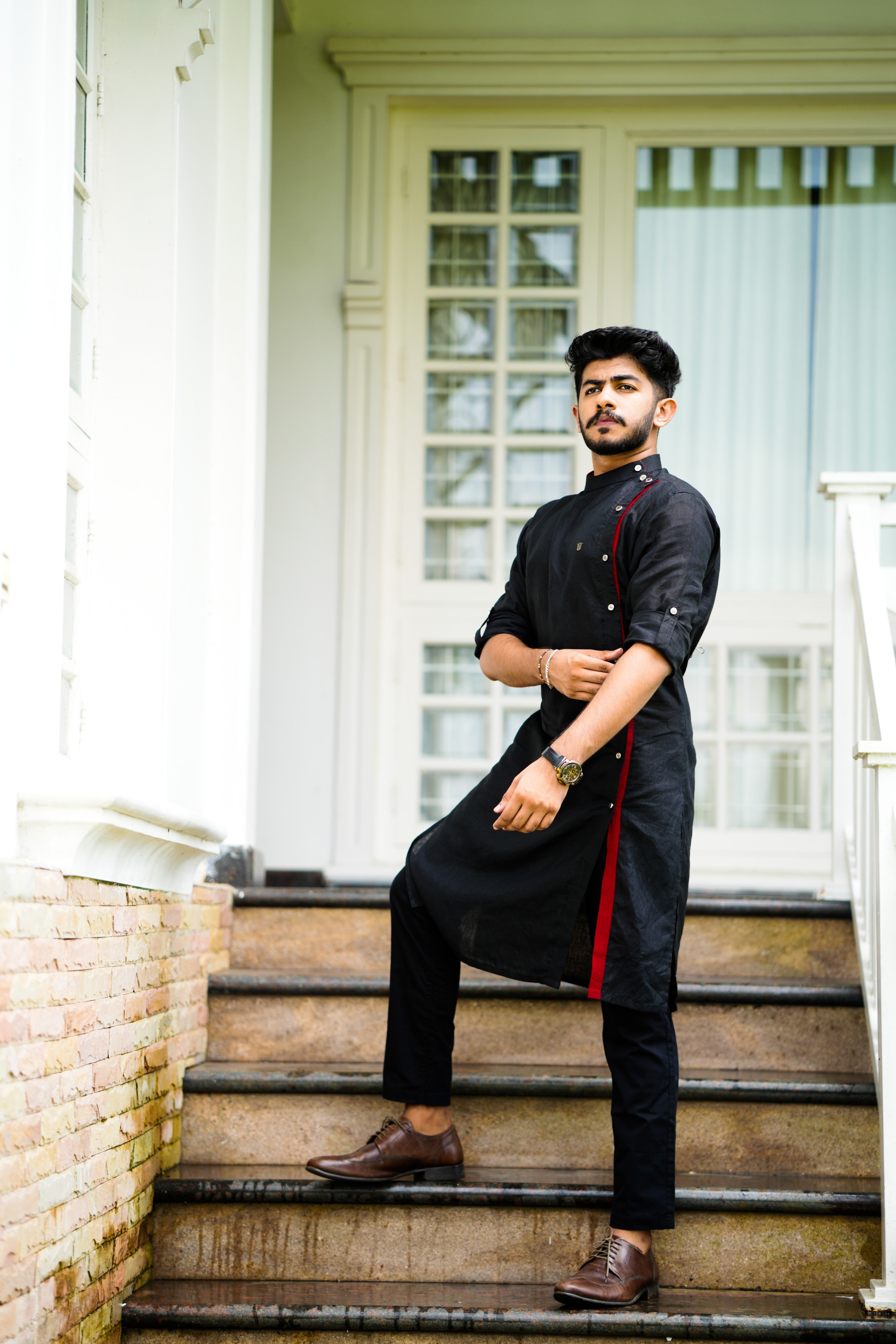 Side Full Open Black Kurta with Red Placket Detailing (Only Kurta)