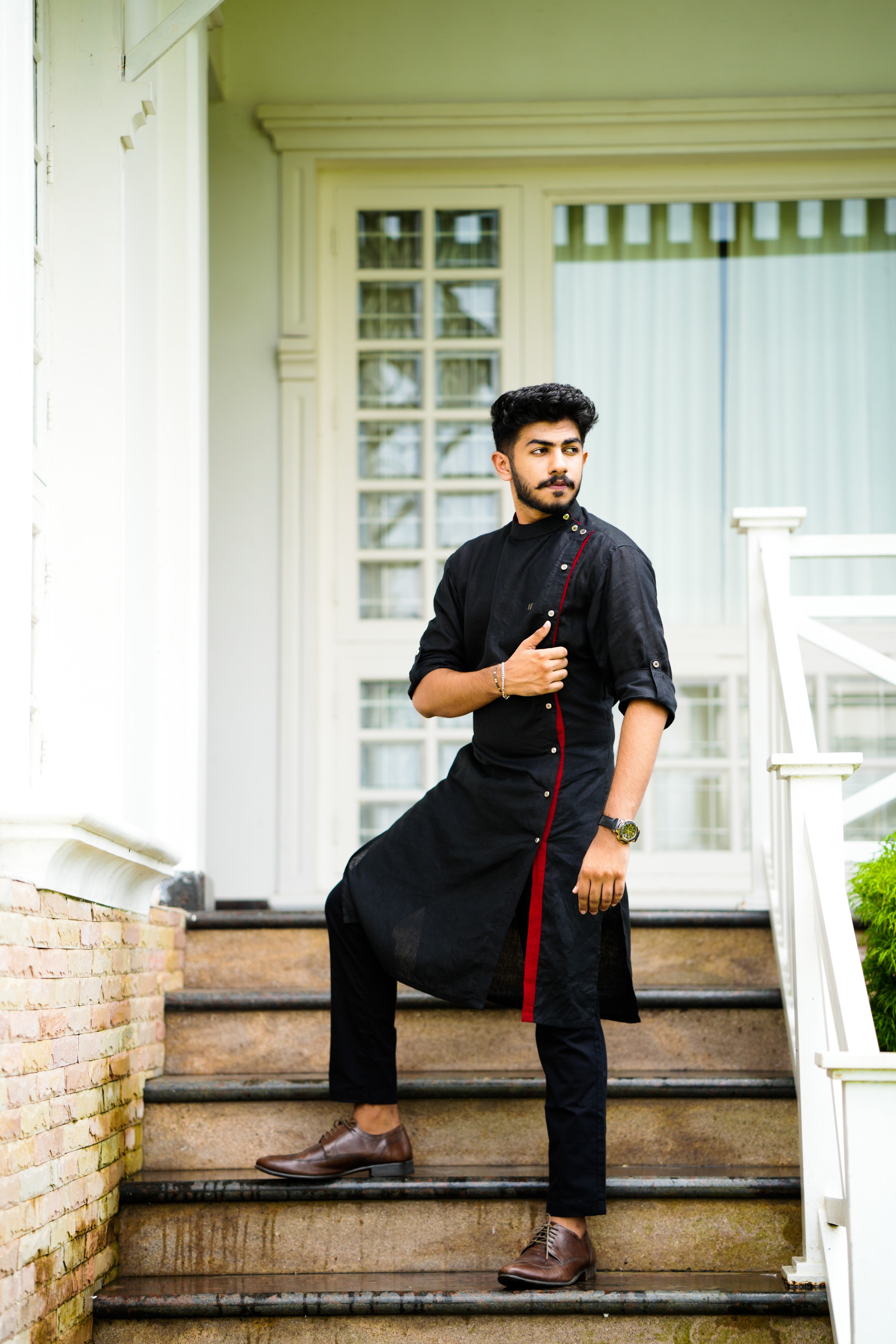 Side Full Open Black Kurta with Red Placket Detailing (Only Kurta)