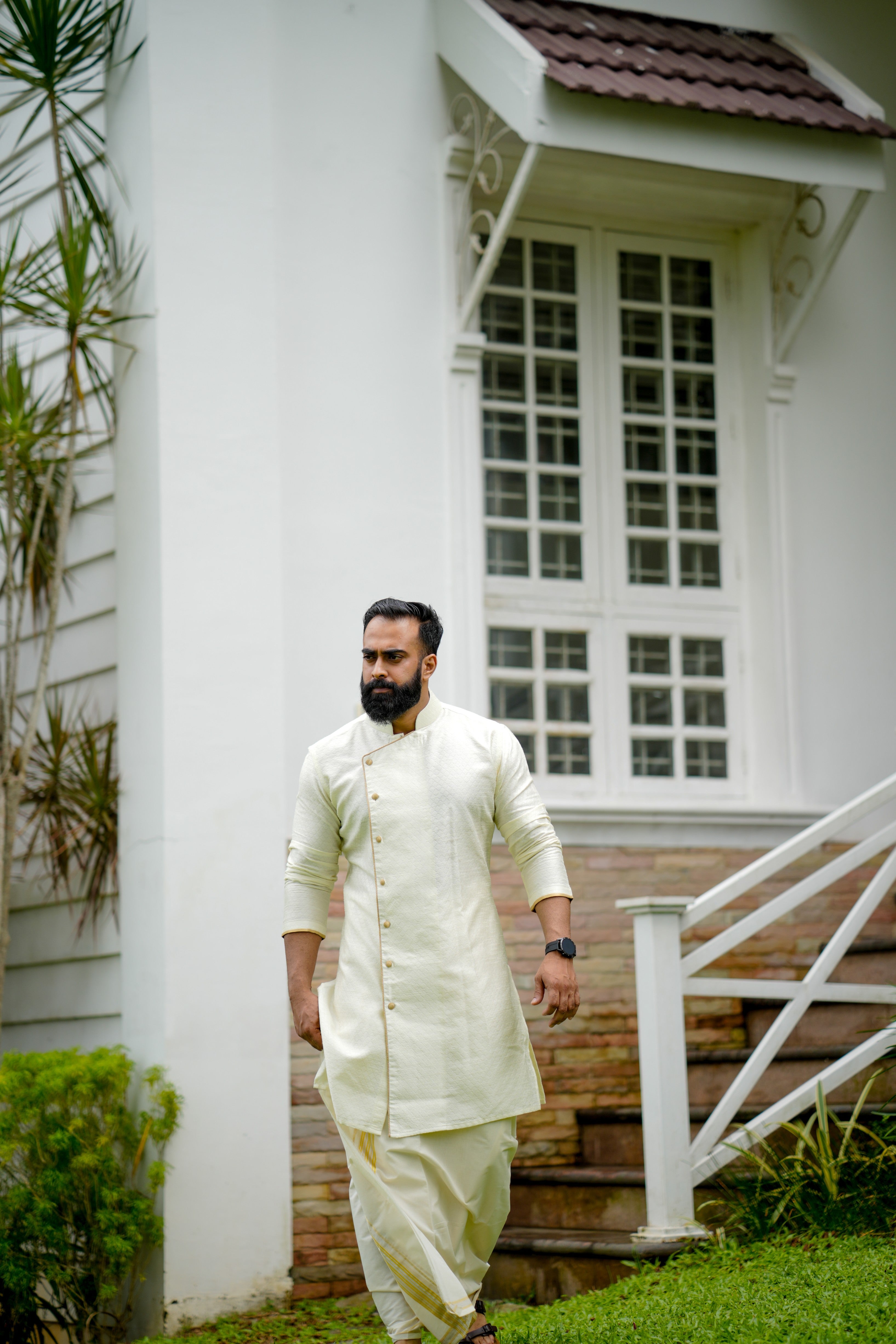Ivory Cream Side Open Wedding  Kurta with Golden Pipping Detailing (Only Kurta)