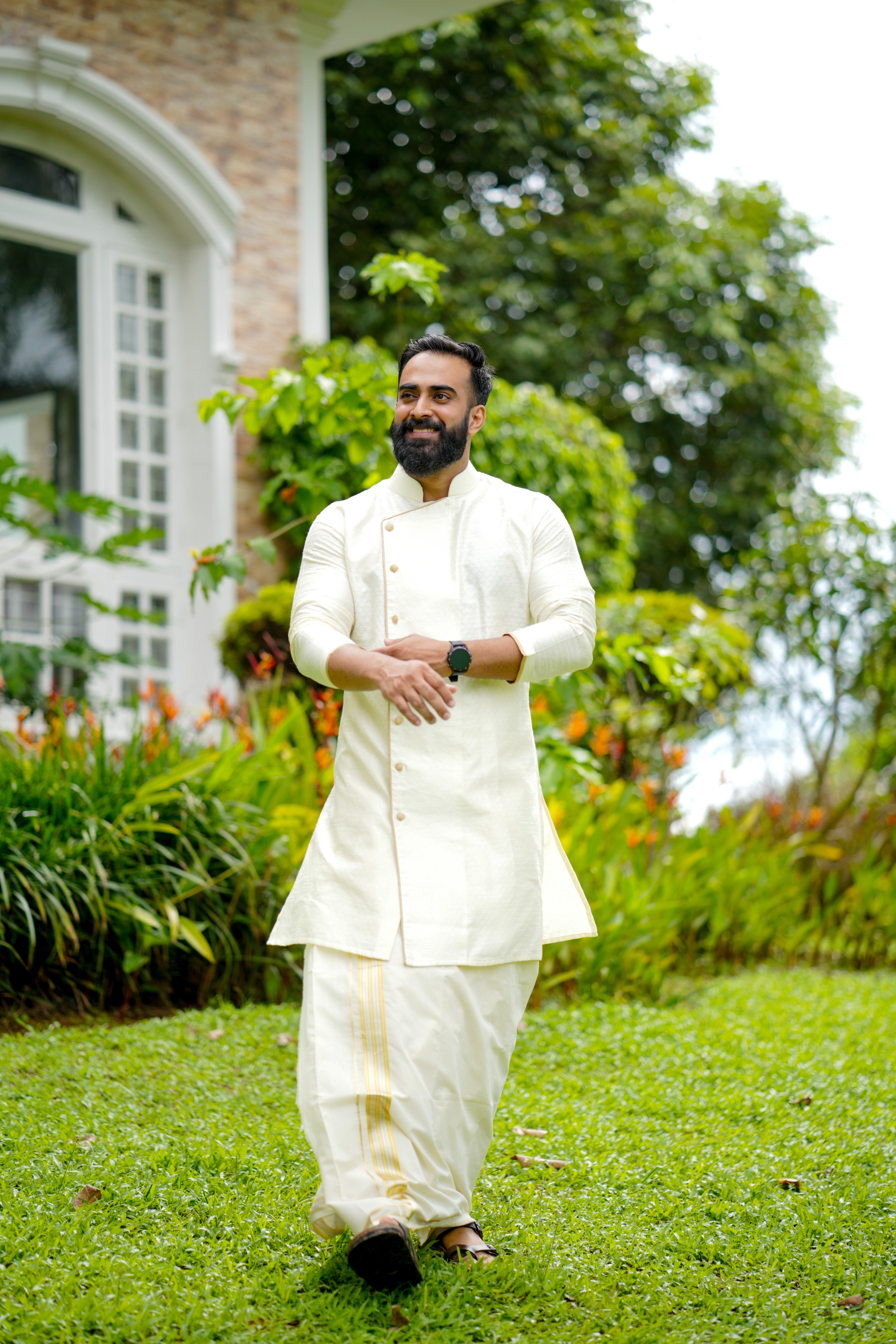 Ivory Cream Side Open Wedding  Kurta with Golden Pipping Detailing (Only Kurta)