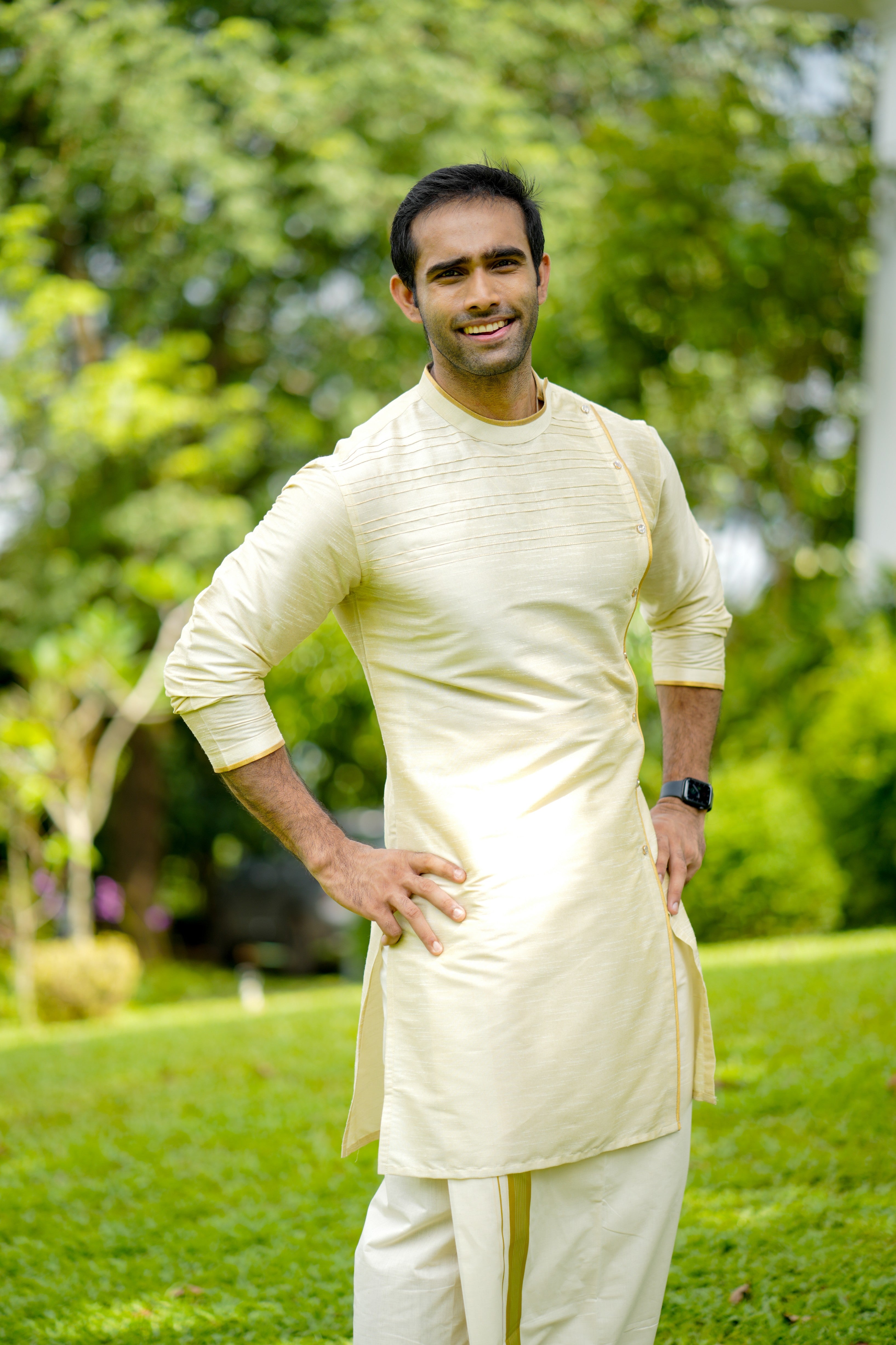 Parchment Cream Wedding Kurta with Sequence & Horizontal Zari Thread Golden Detailing (Only Kurta)