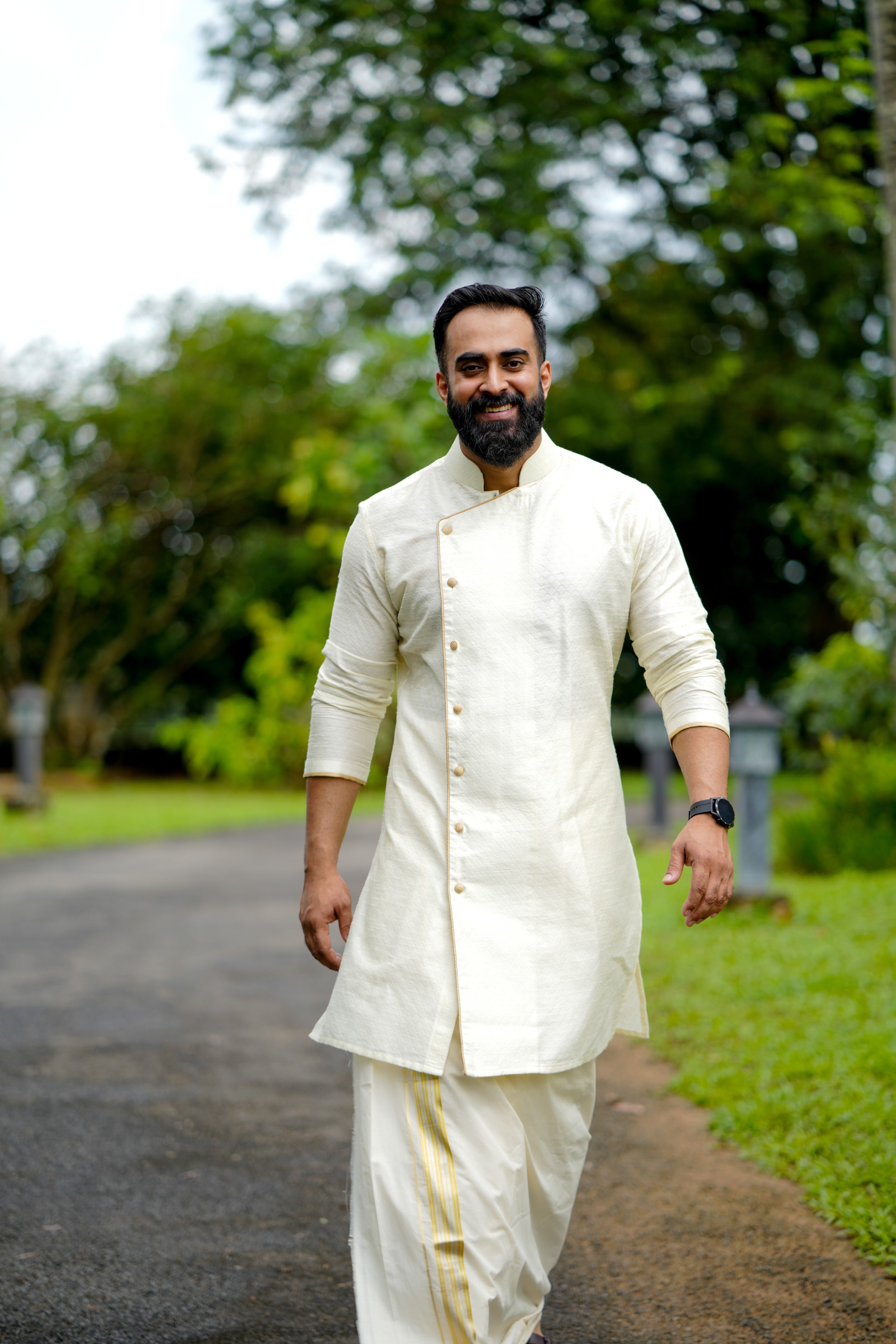 Ivory Cream Side Open Wedding  Kurta with Golden Pipping Detailing (Only Kurta)