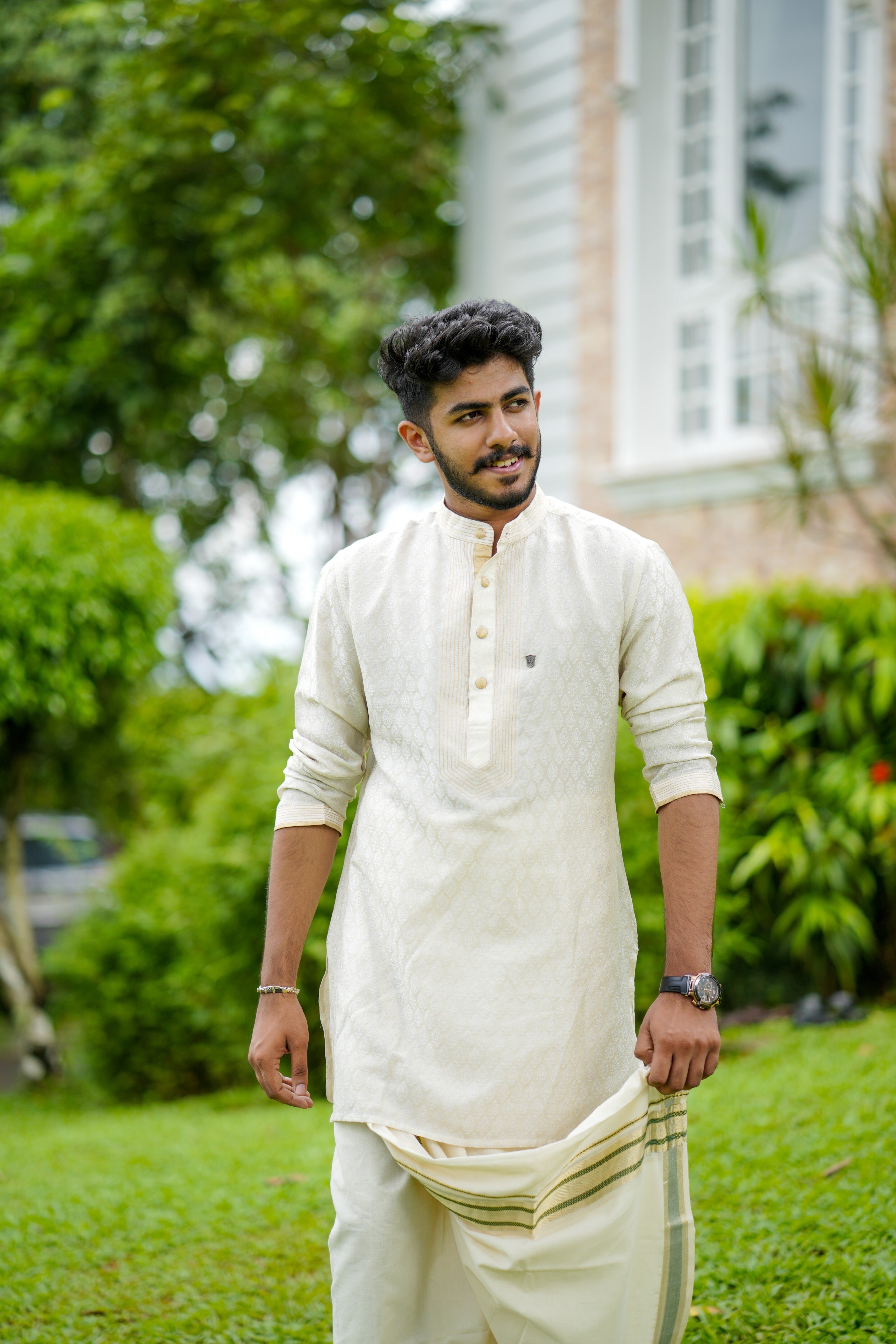 Off White Brocade Silk Kurta With Golden Zari Detailing (Only Kurta)