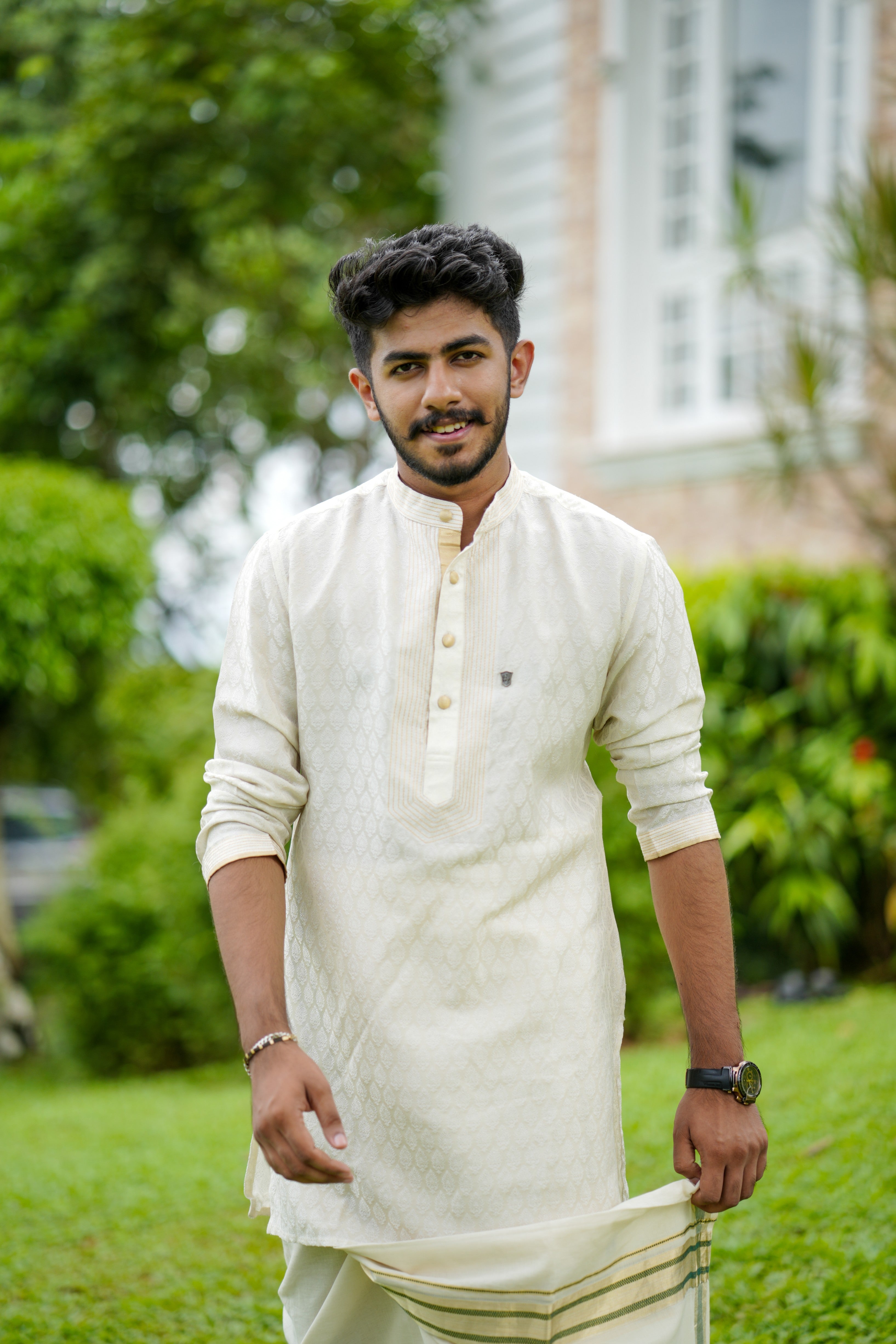 Off White Brocade Silk Kurta With Golden Zari Detailing (Only Kurta)