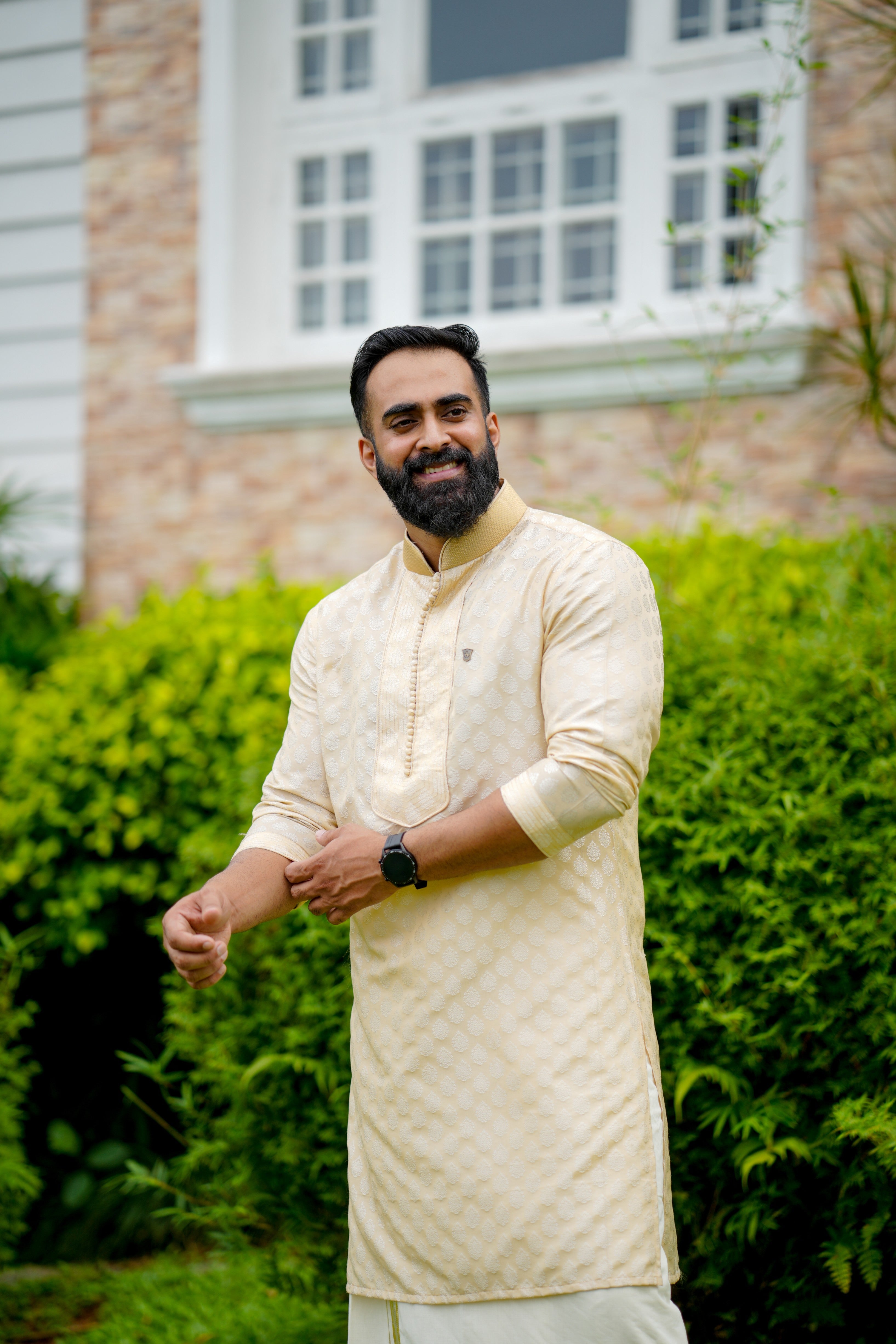 Light Golden Brocade Kurta with Golden Zari Thread Detailing  (Only Kurta)